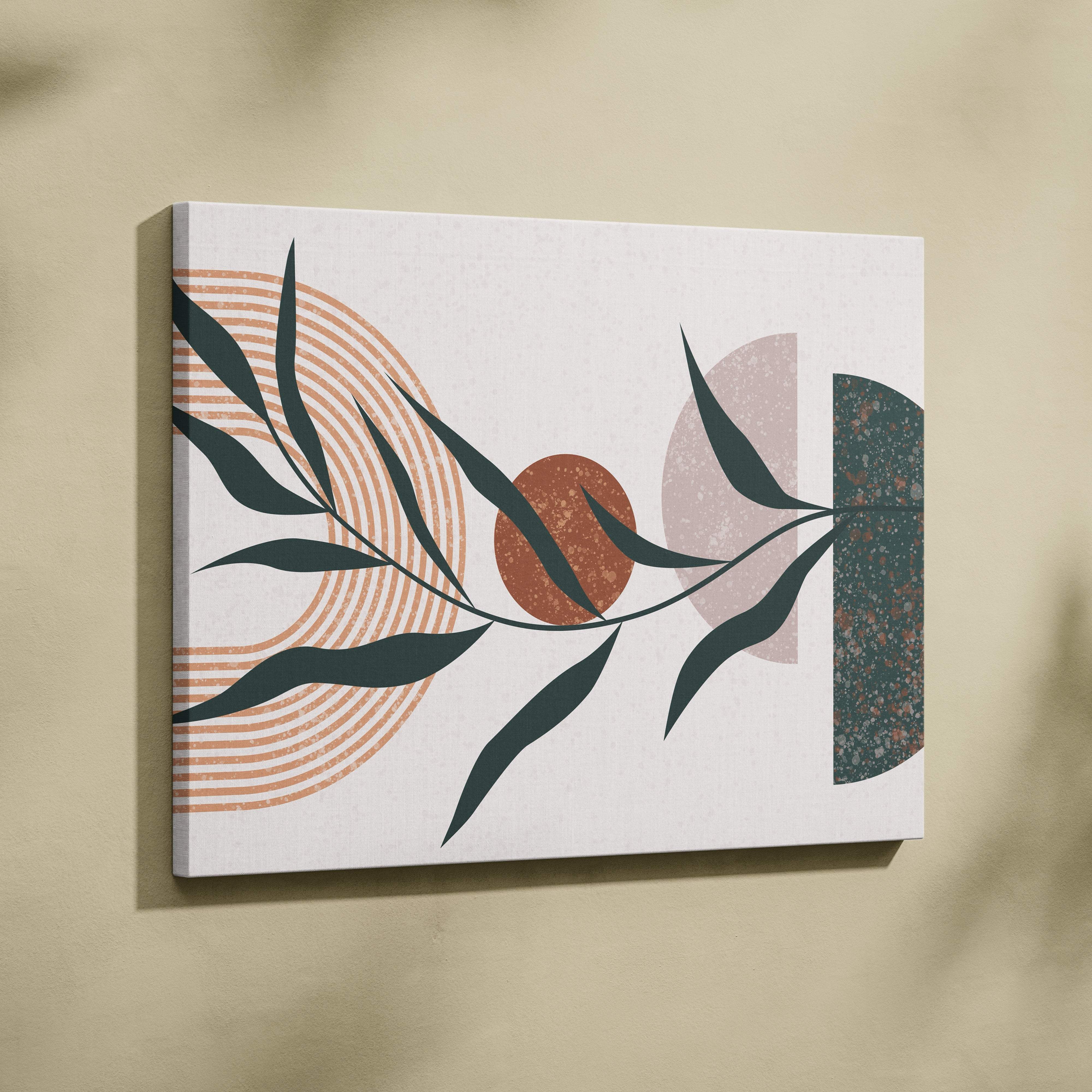 A modern abstract canvas print featuring stylized sage green leaves with terracotta and neutral geometric shapes for boho decor