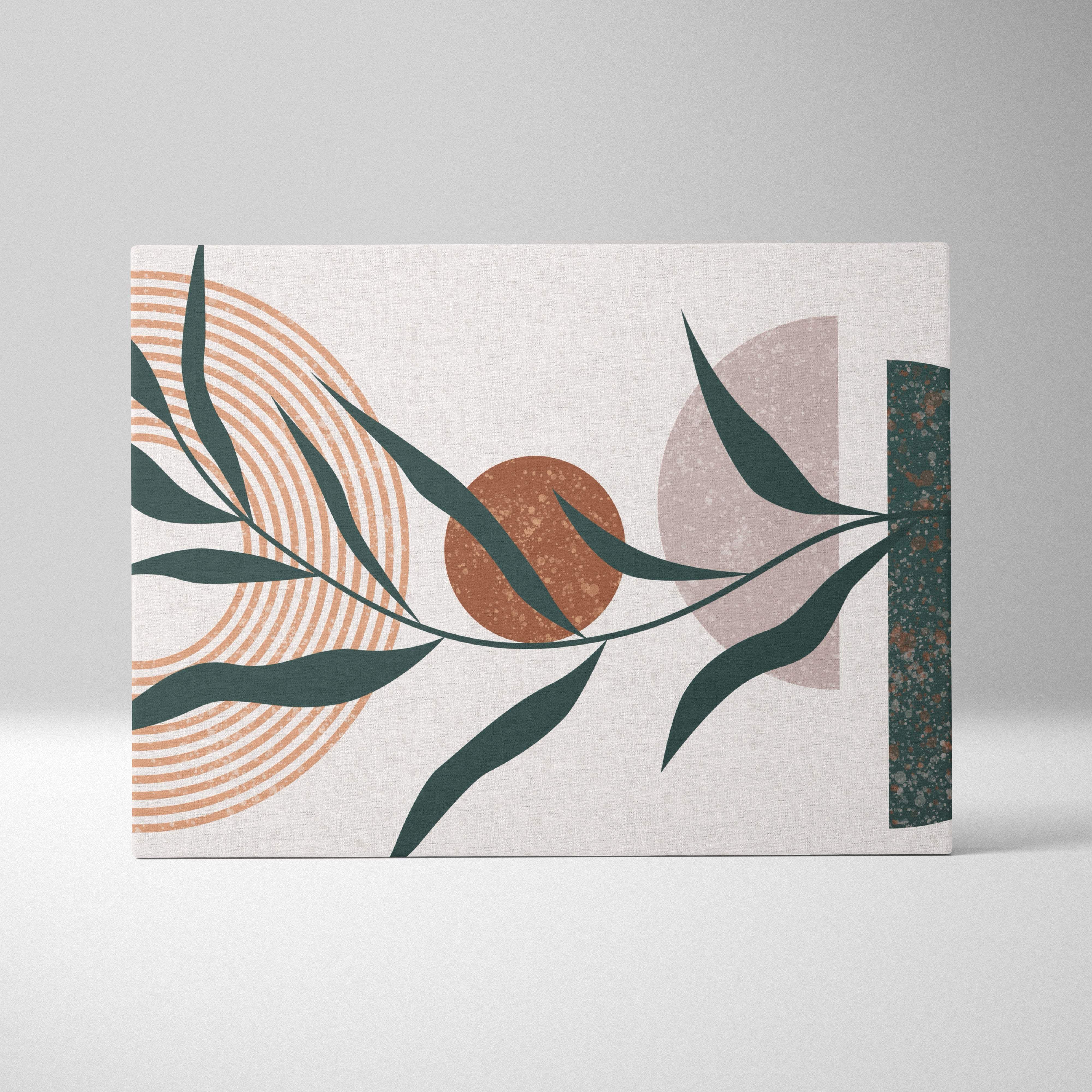 Modern abstract boho botanical canvas wall art with stylized sage green leaves terracotta and neutral geometric shapes