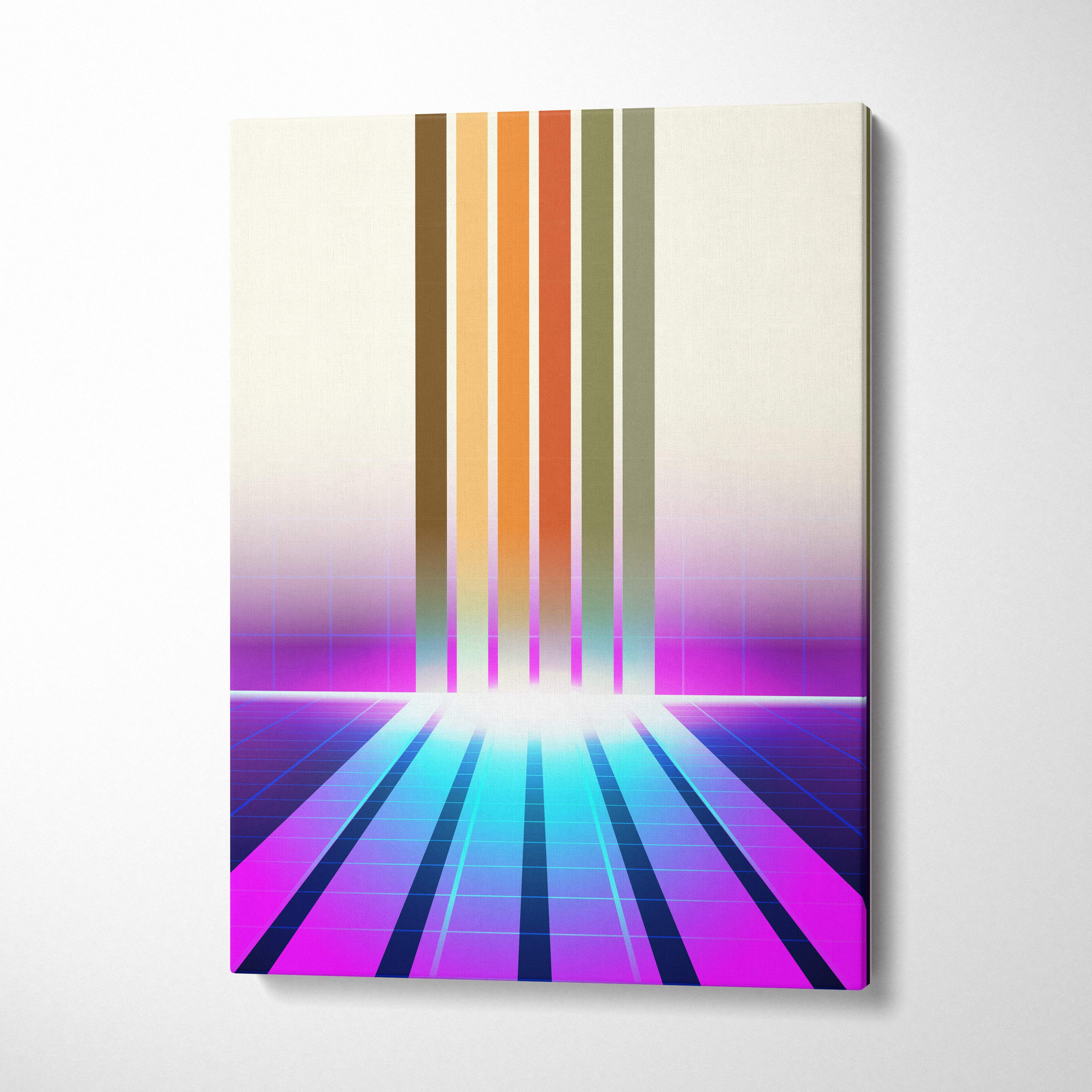 A vibrant retro-futuristic vaporwave neon portal canvas print with vertical orange and purple stripes above a glowing grid floor