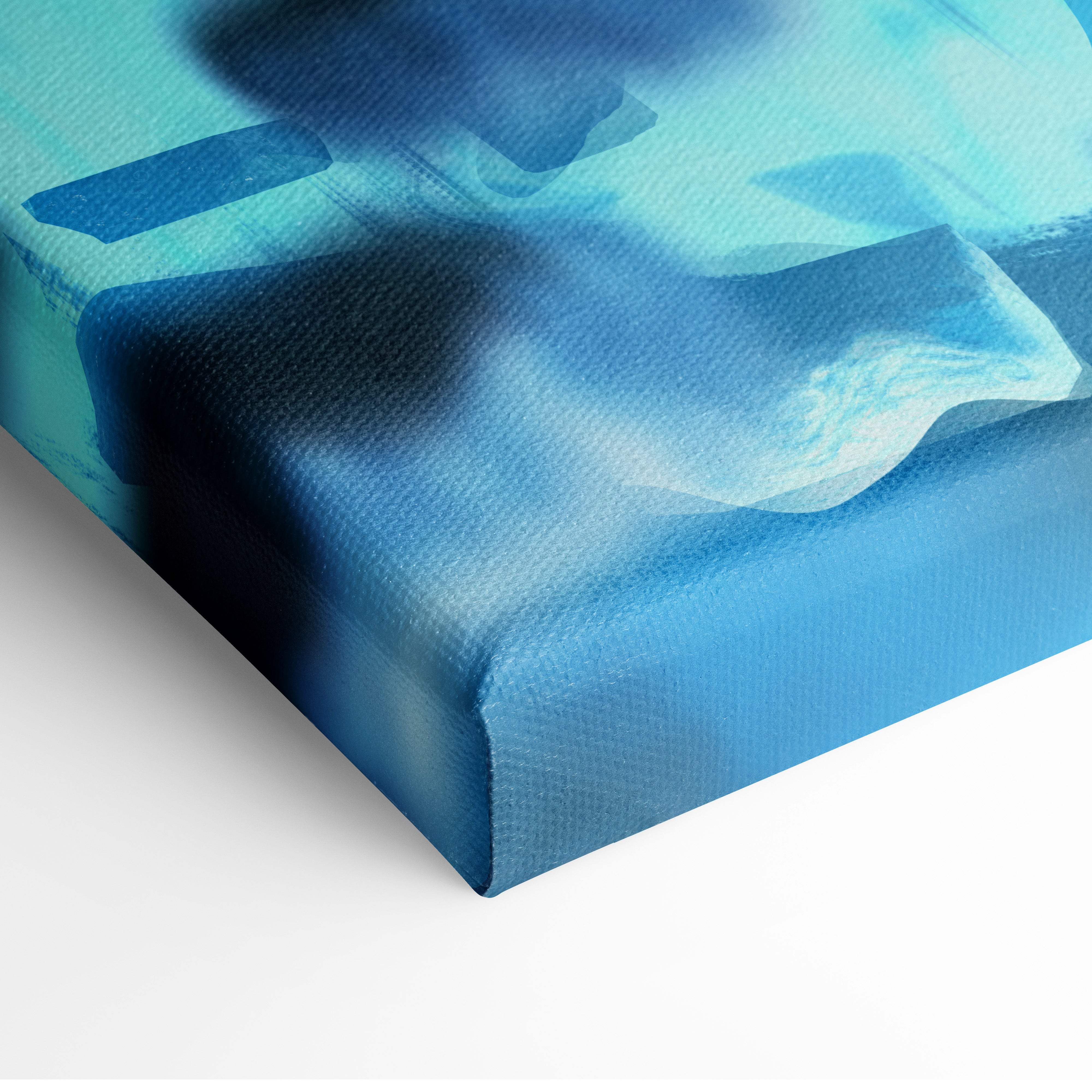 Blue abstract canvas wall art with textured brushstrokes featuring a glowing staff and gothic spires in dark fantasy style