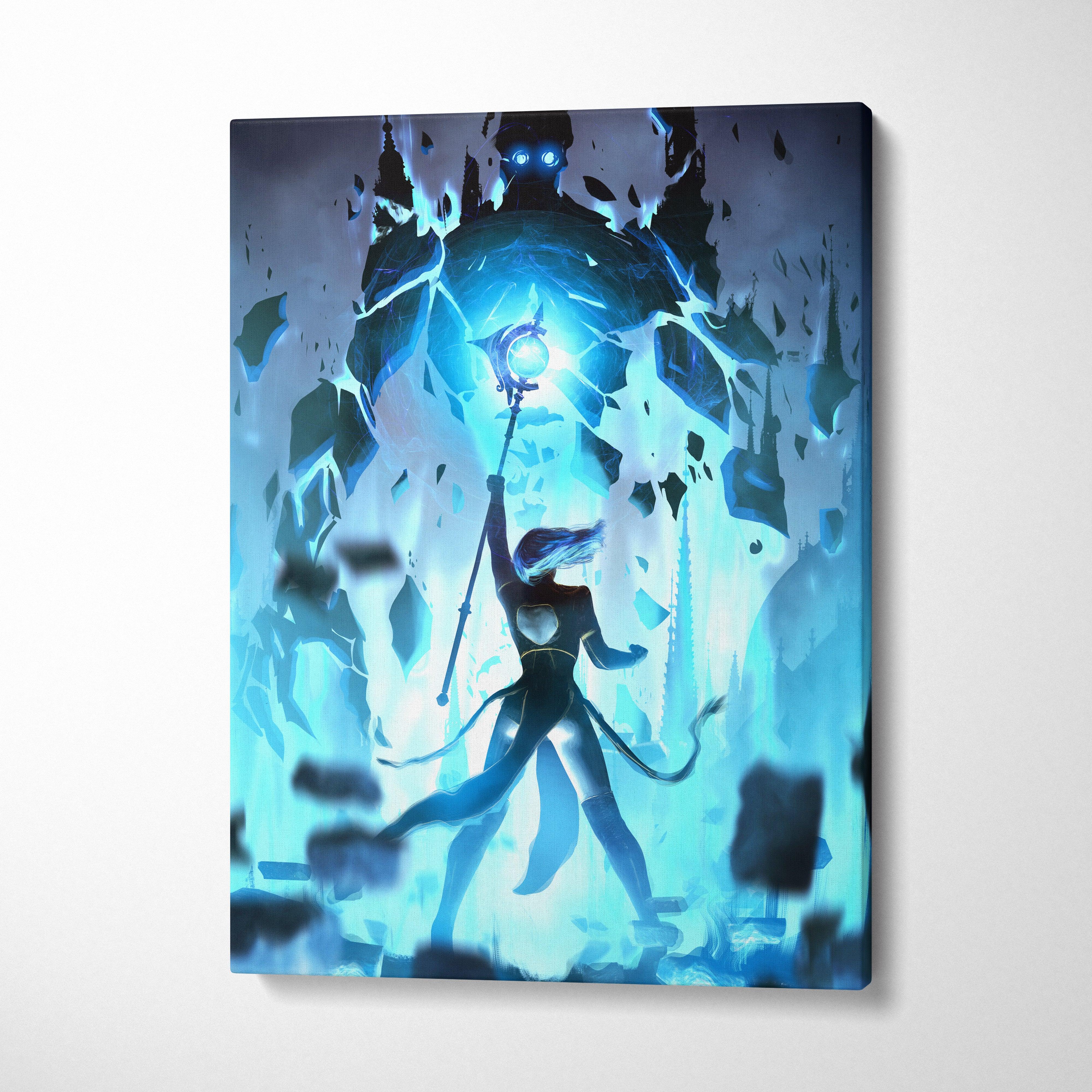 Arcane Ascension Canvas Wall Art – Blue Sorceress Defying Shadow Titan, Glowing Staff, Floating Ruins, Gothic Spires, Epic Dark Fantasy Magic Battle Print