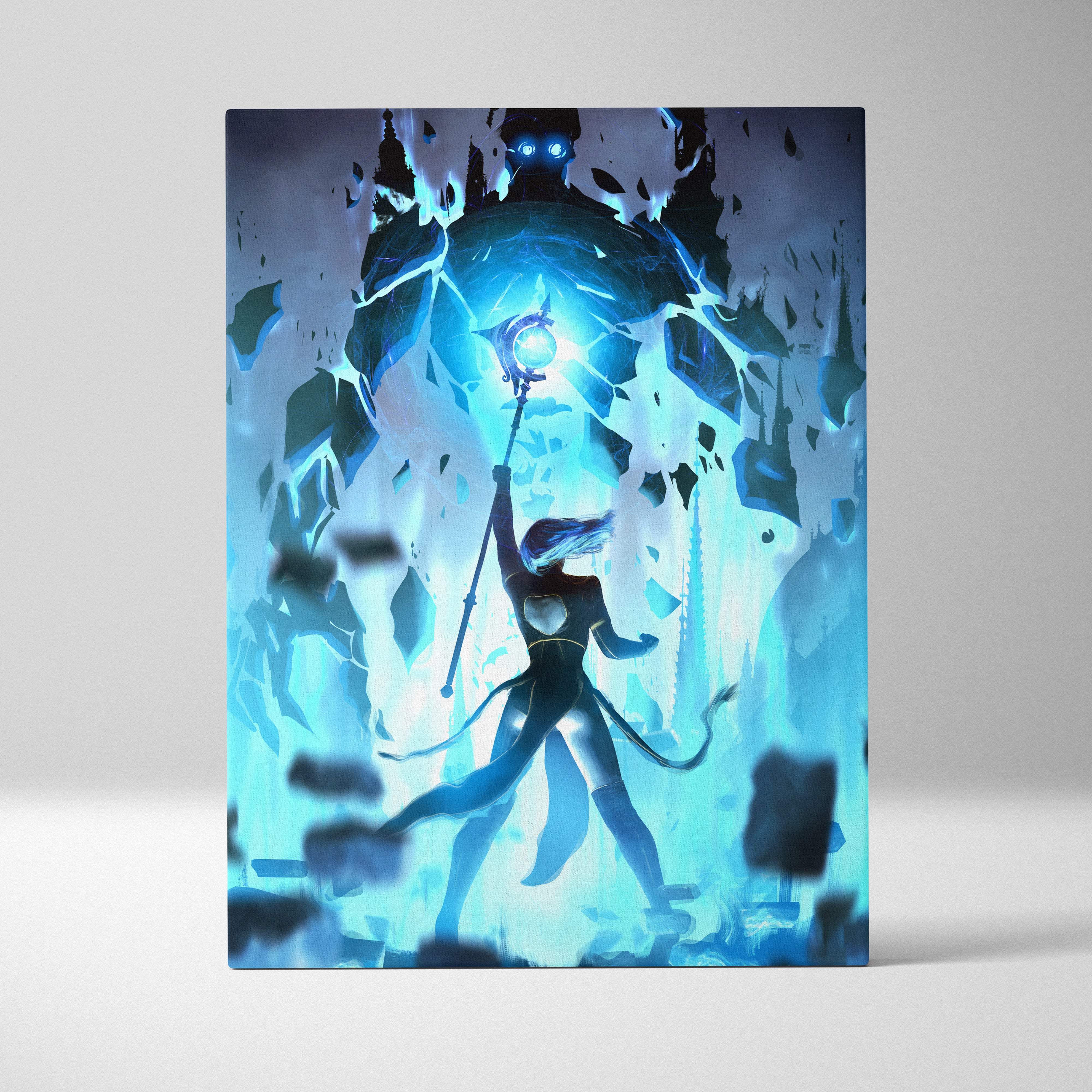 Blue fantasy canvas wall art featuring a warrior with glowing staff against shattered ice and floating debris background