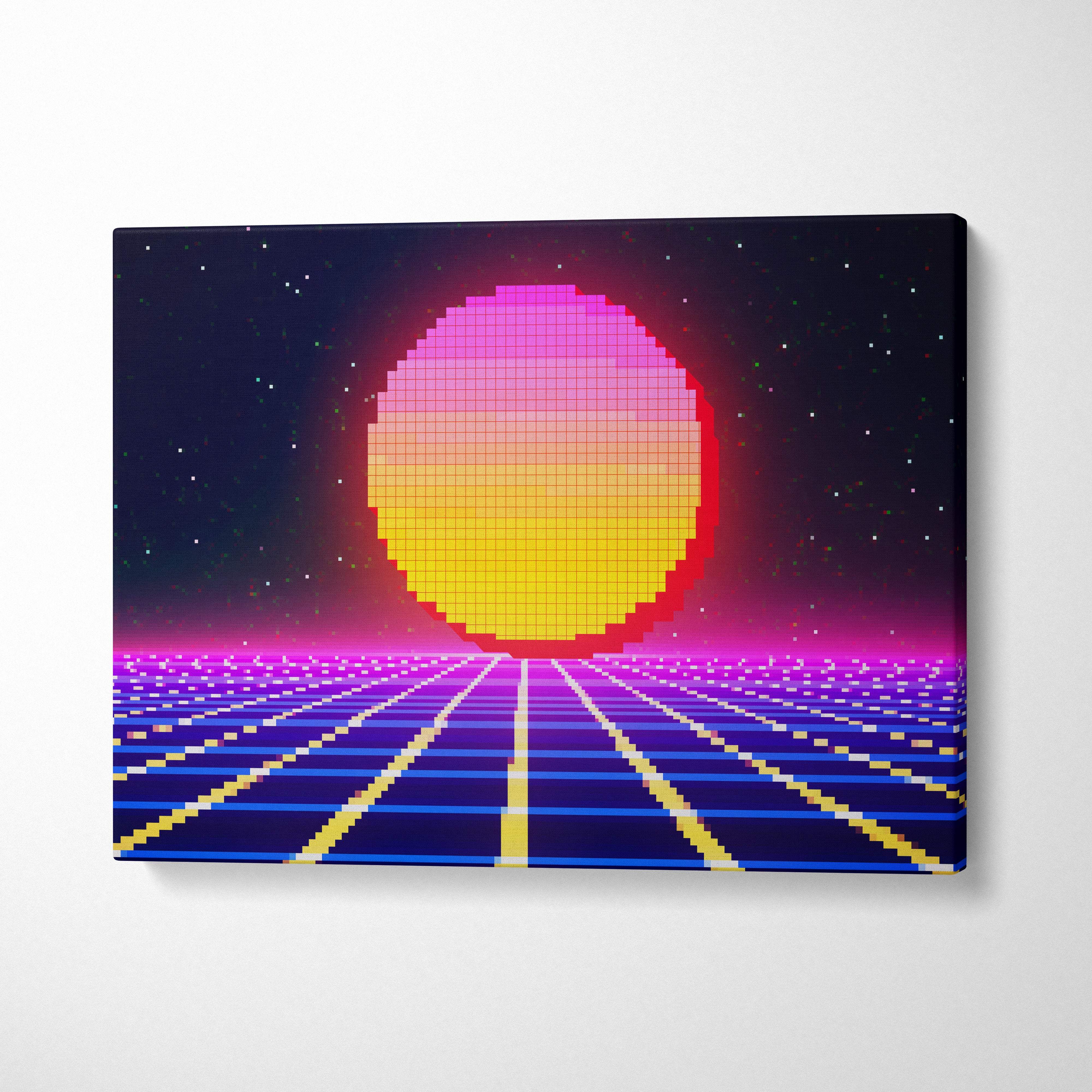 Retro pixel sunset canvas wall art print featuring vibrant pink yellow and red gradient over neon synthwave grid design