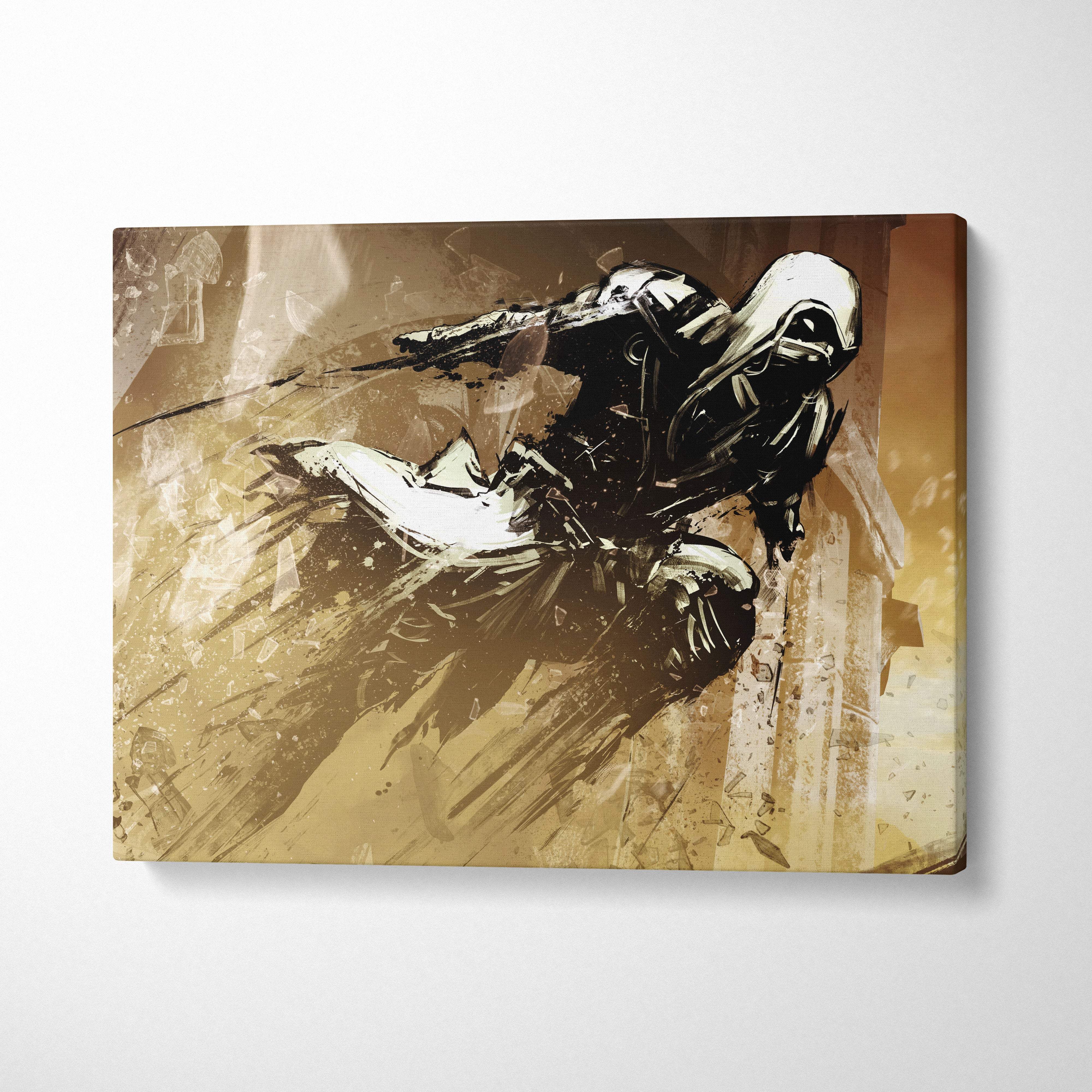 Stylized canvas print of a black and white hooded assassin in dynamic motion on a textured sepia background wall decor