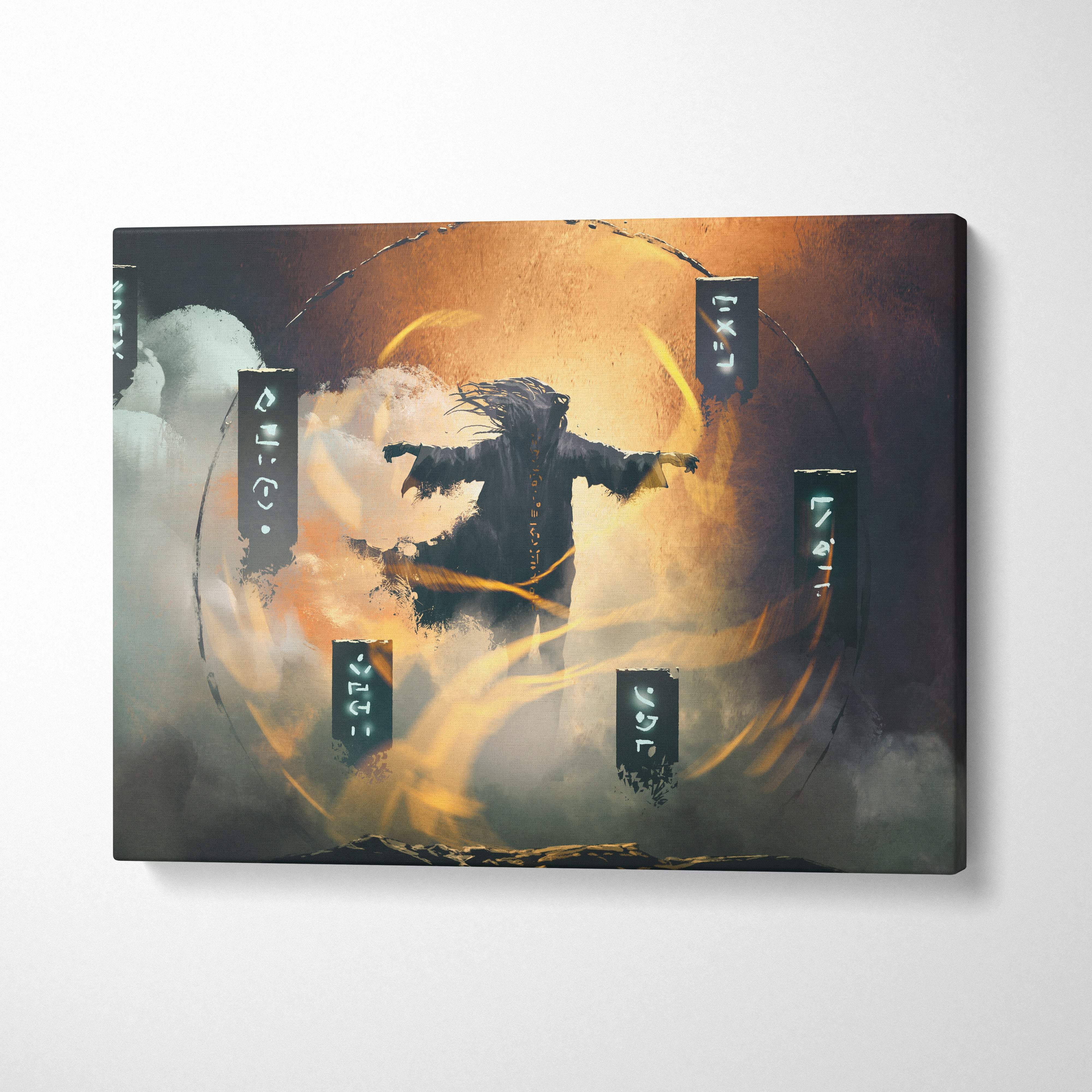 Arcane ritual summoner canvas art showing a dark-robed figure floating with glowing runes on an orange and black background