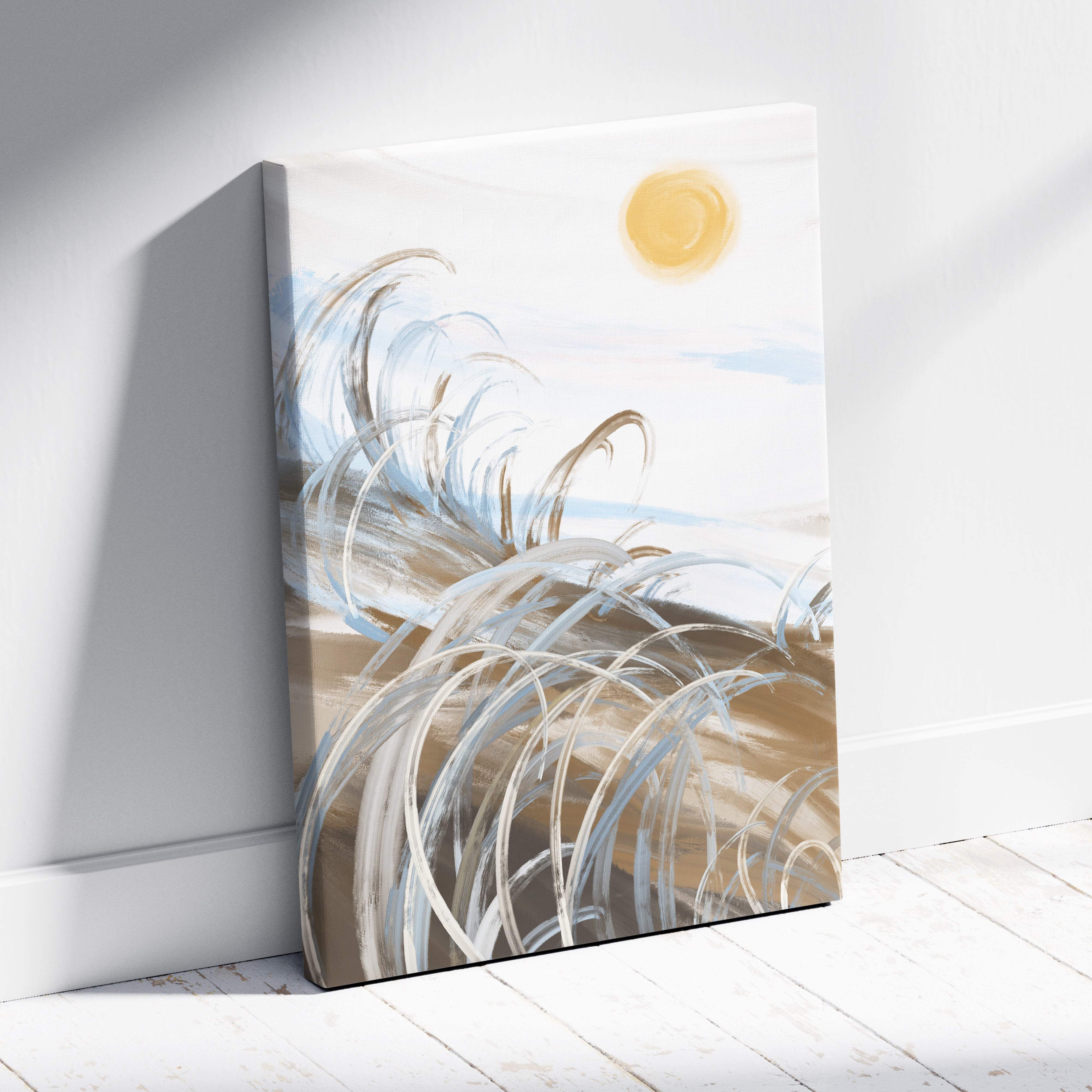 Beige and white abstract wave canvas print with golden sun boho coastal wall art soft neutral beach landscape
