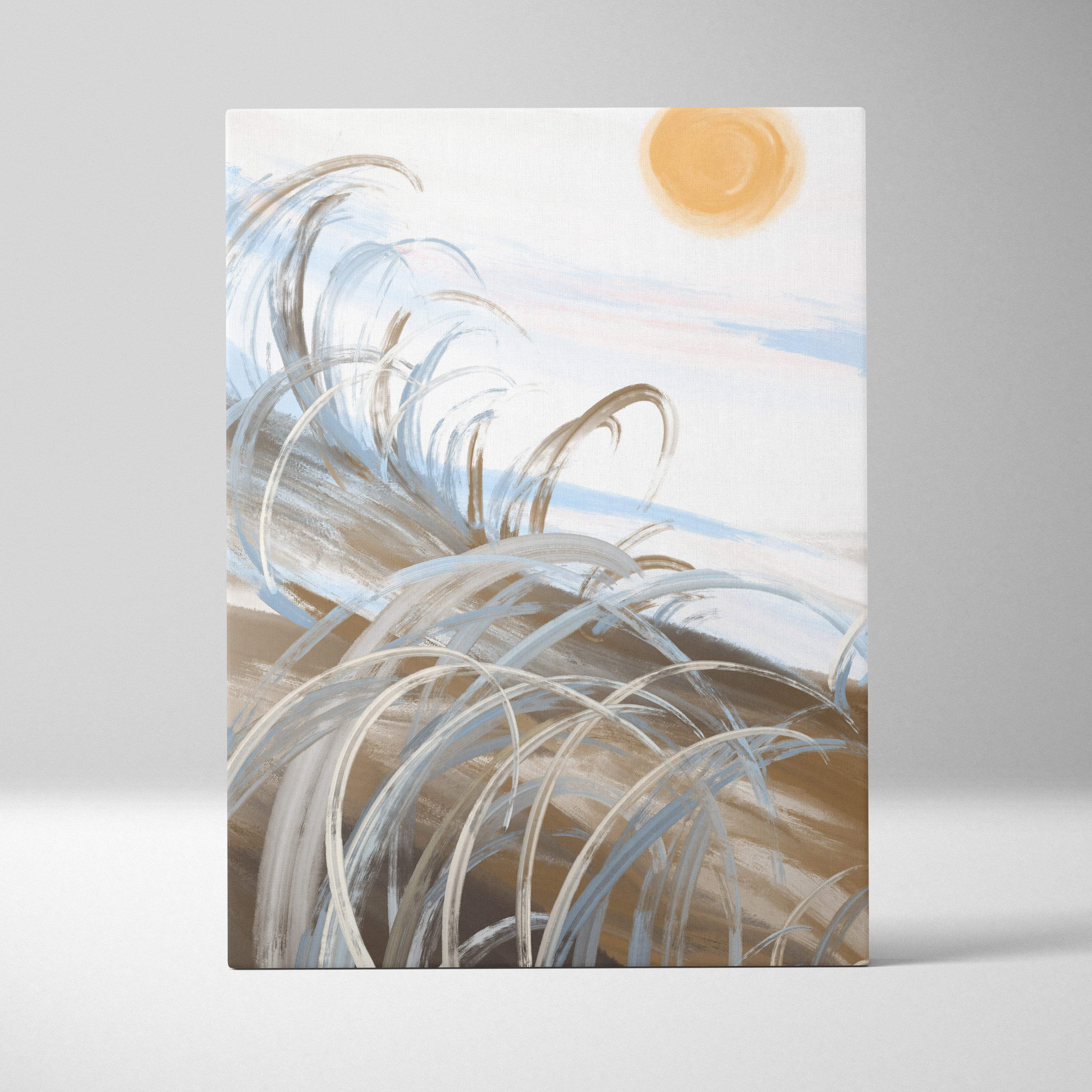 Boho coastal abstract canvas wall art with swirling white gray beige brushstrokes and orange sun on soft sky backdrop