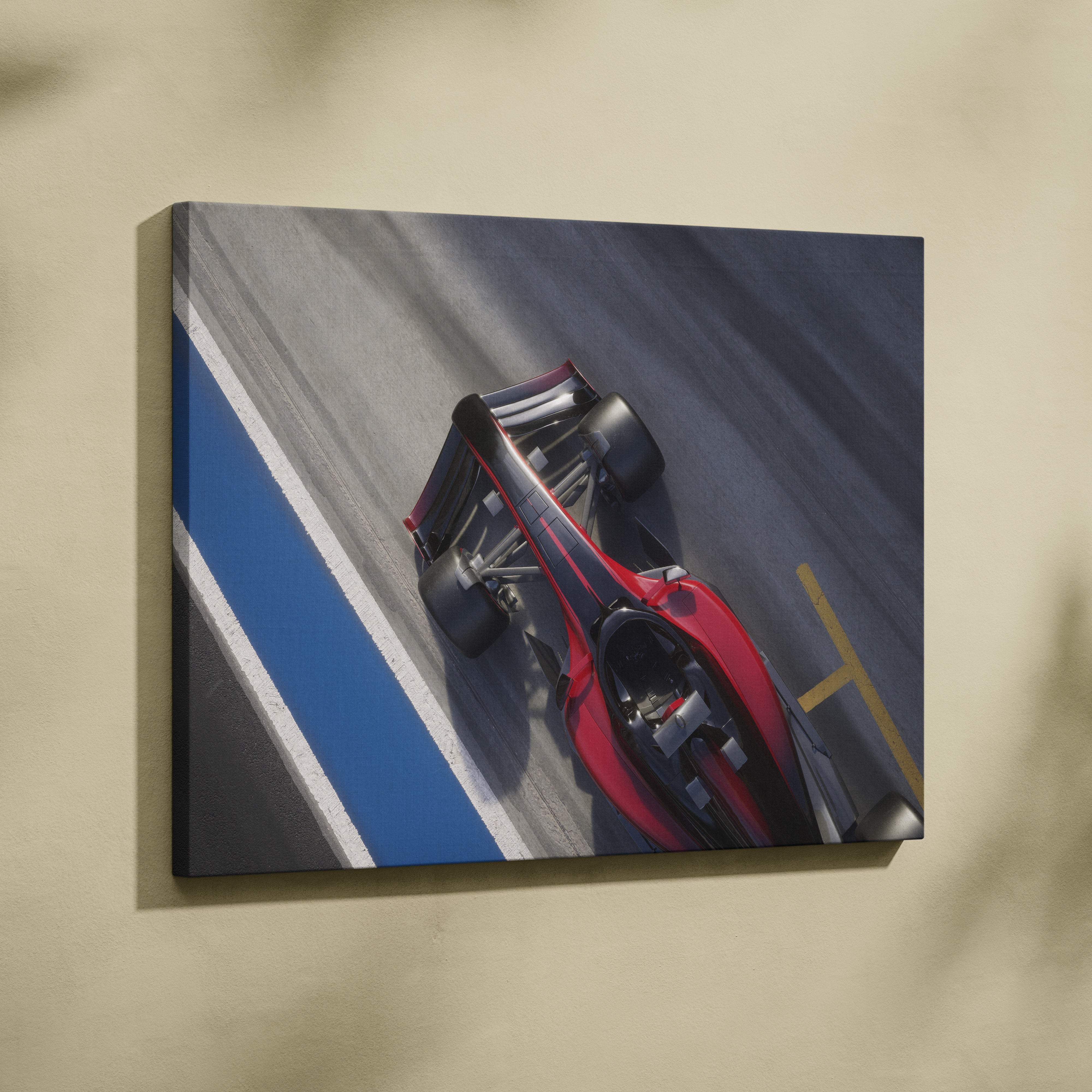 Red and black formula 1 race car canvas wall art print featuring overhead motorsport track photography for modern garage decor