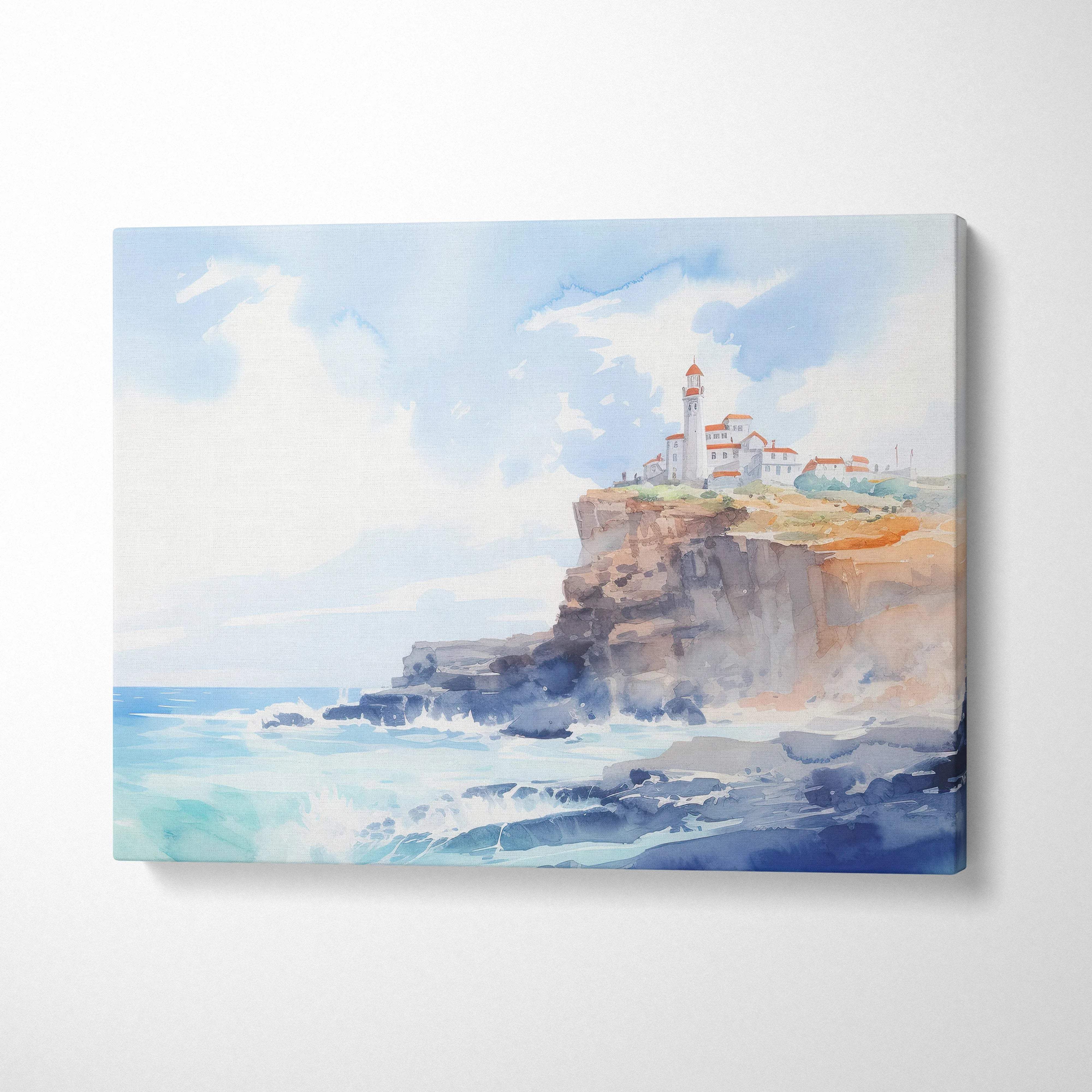 Soft watercolor coastal lighthouse on cliffs by sea canvas print