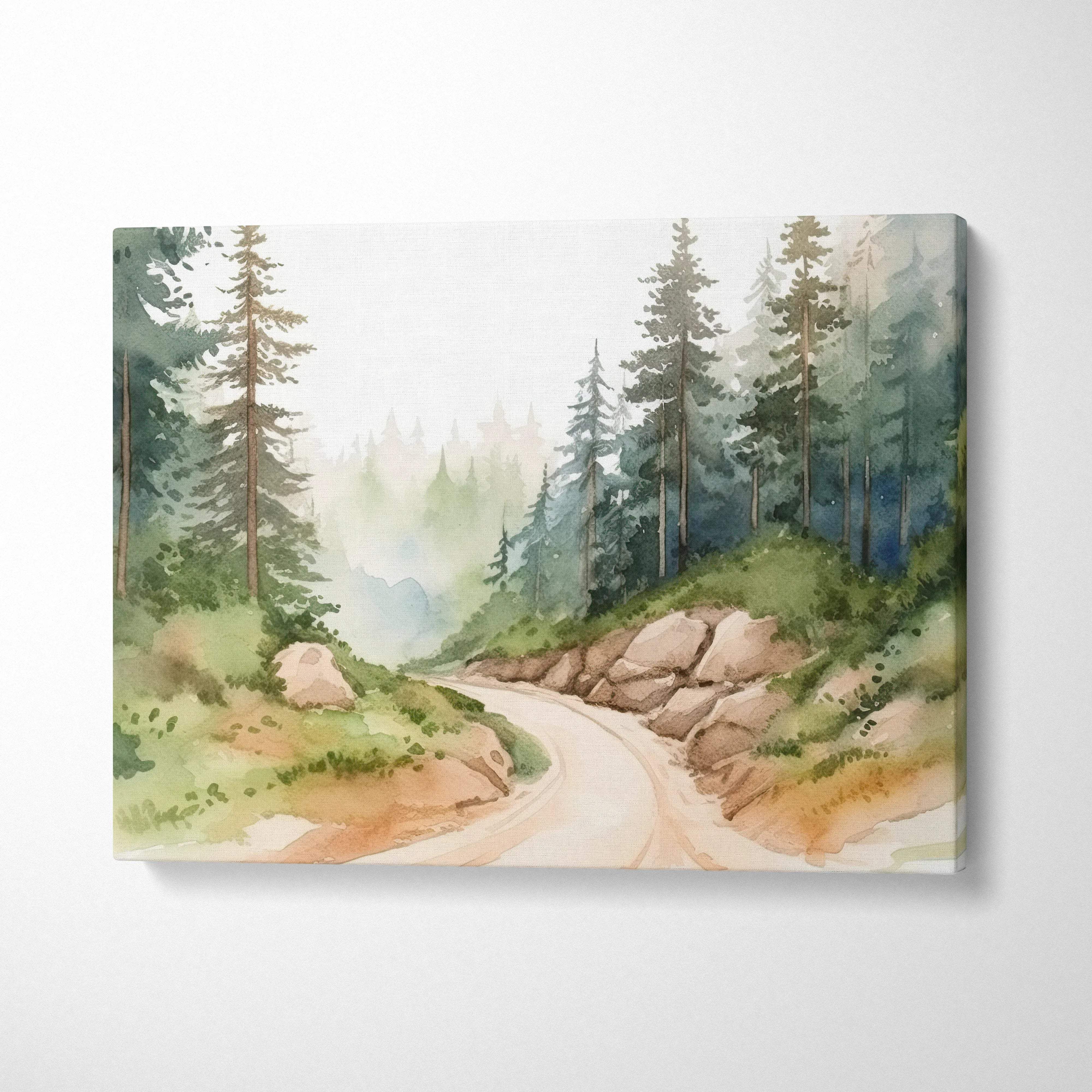 Watercolor forest path through pine trees canvas art in misty green brown tones