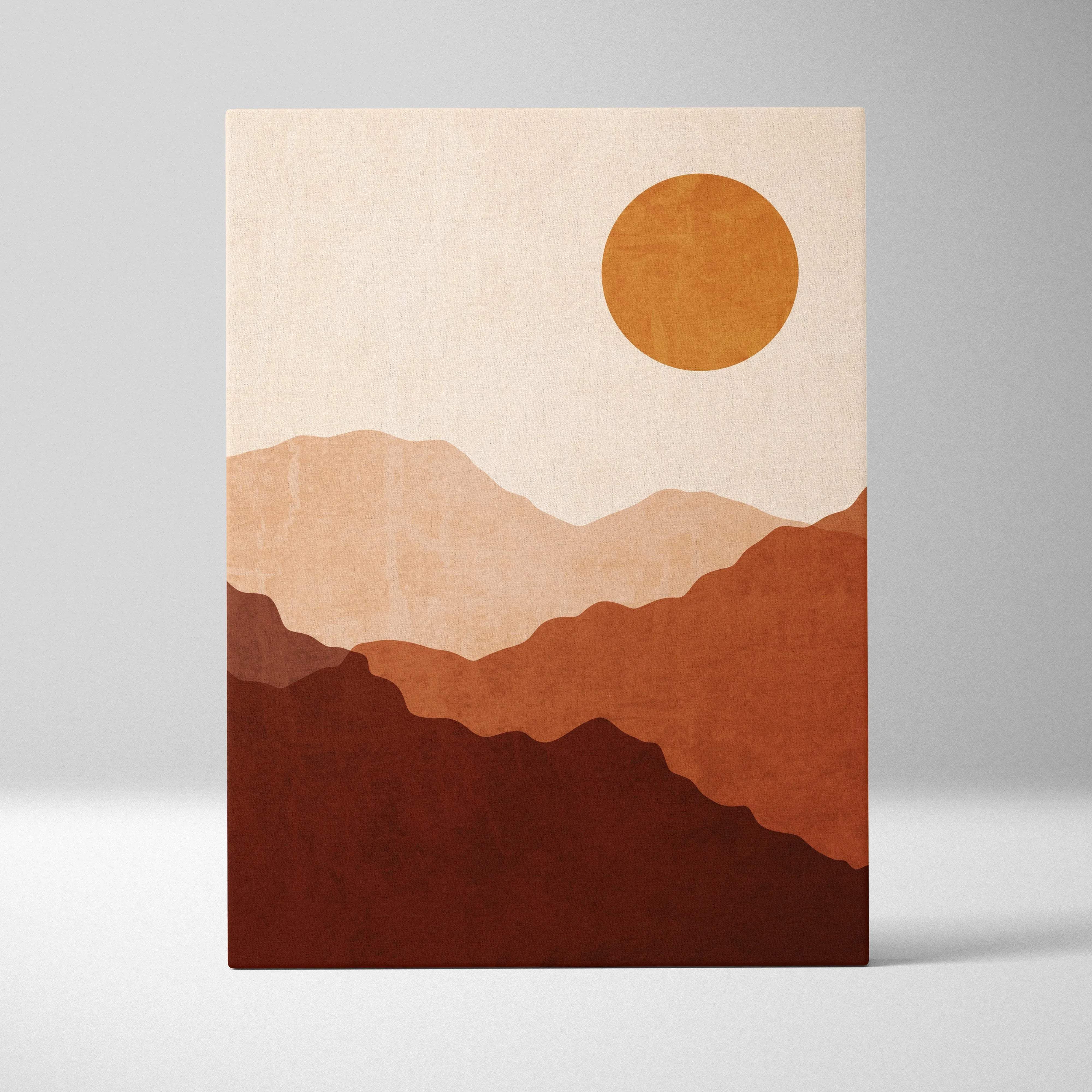 Minimalist terracotta layered mountains and warm orange sun canvas wall art