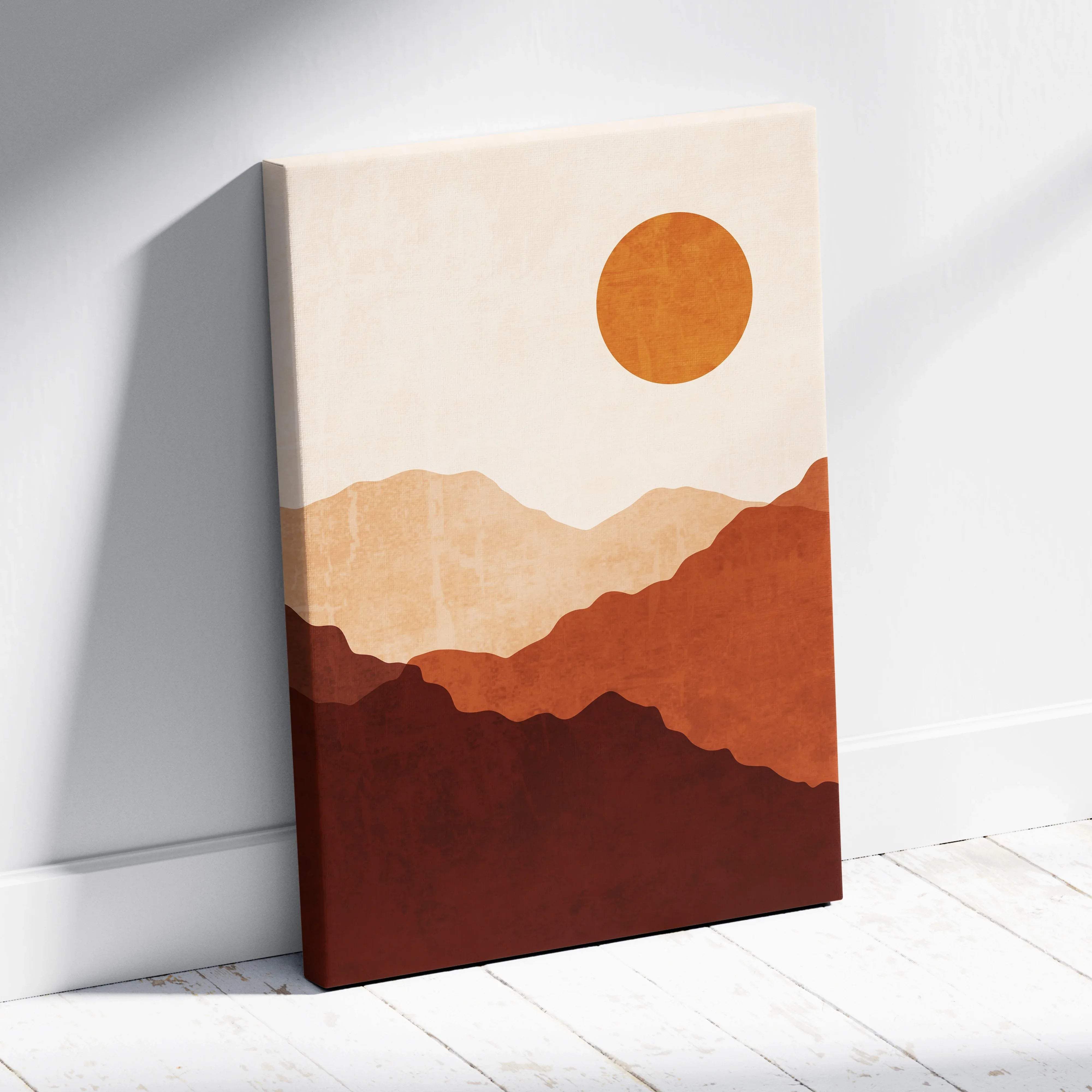 Minimalist terracotta mountain silhouettes with amber sun canvas art