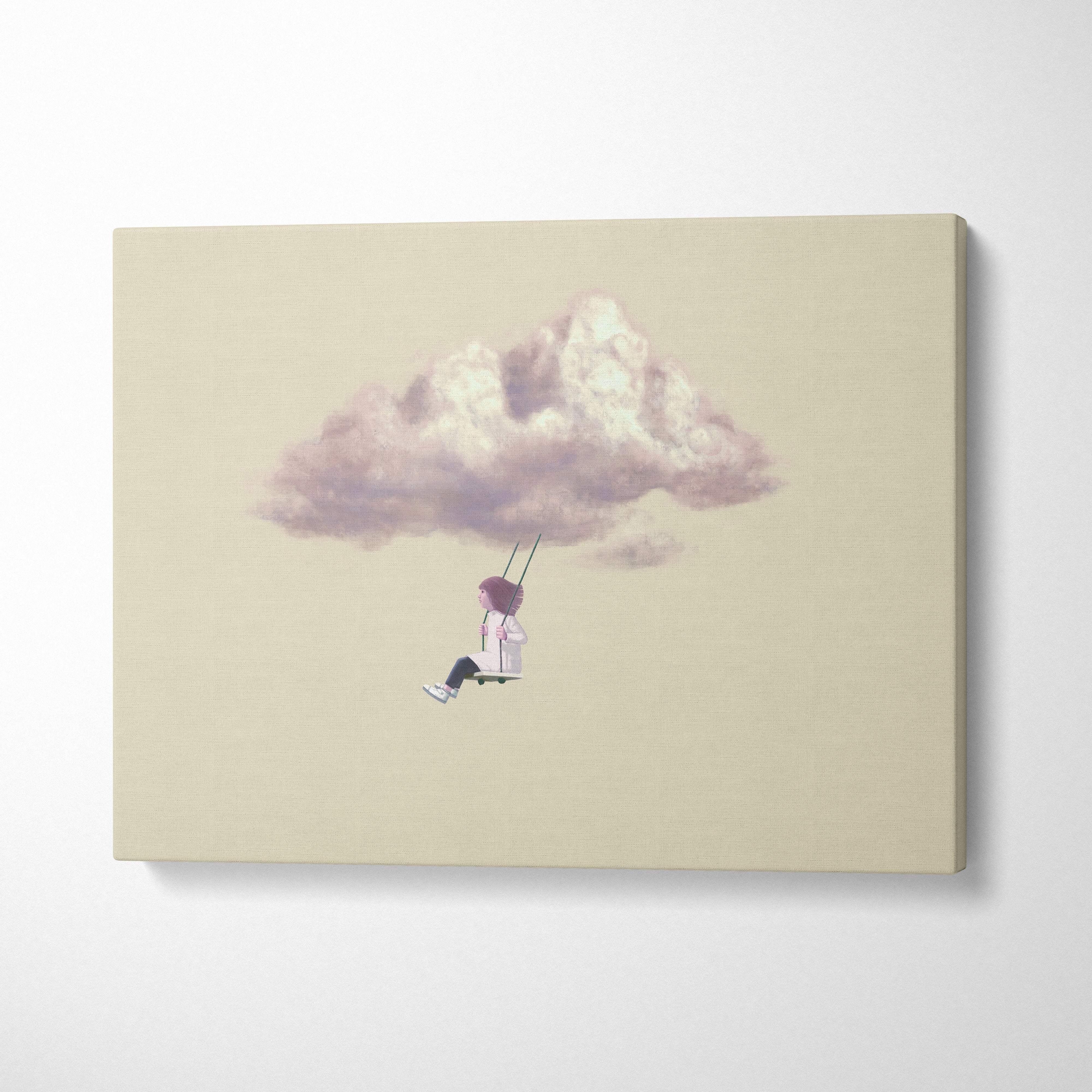 Beige canvas wall art featuring a whimsical purple-haired child swinging beneath a soft textured pink cloud