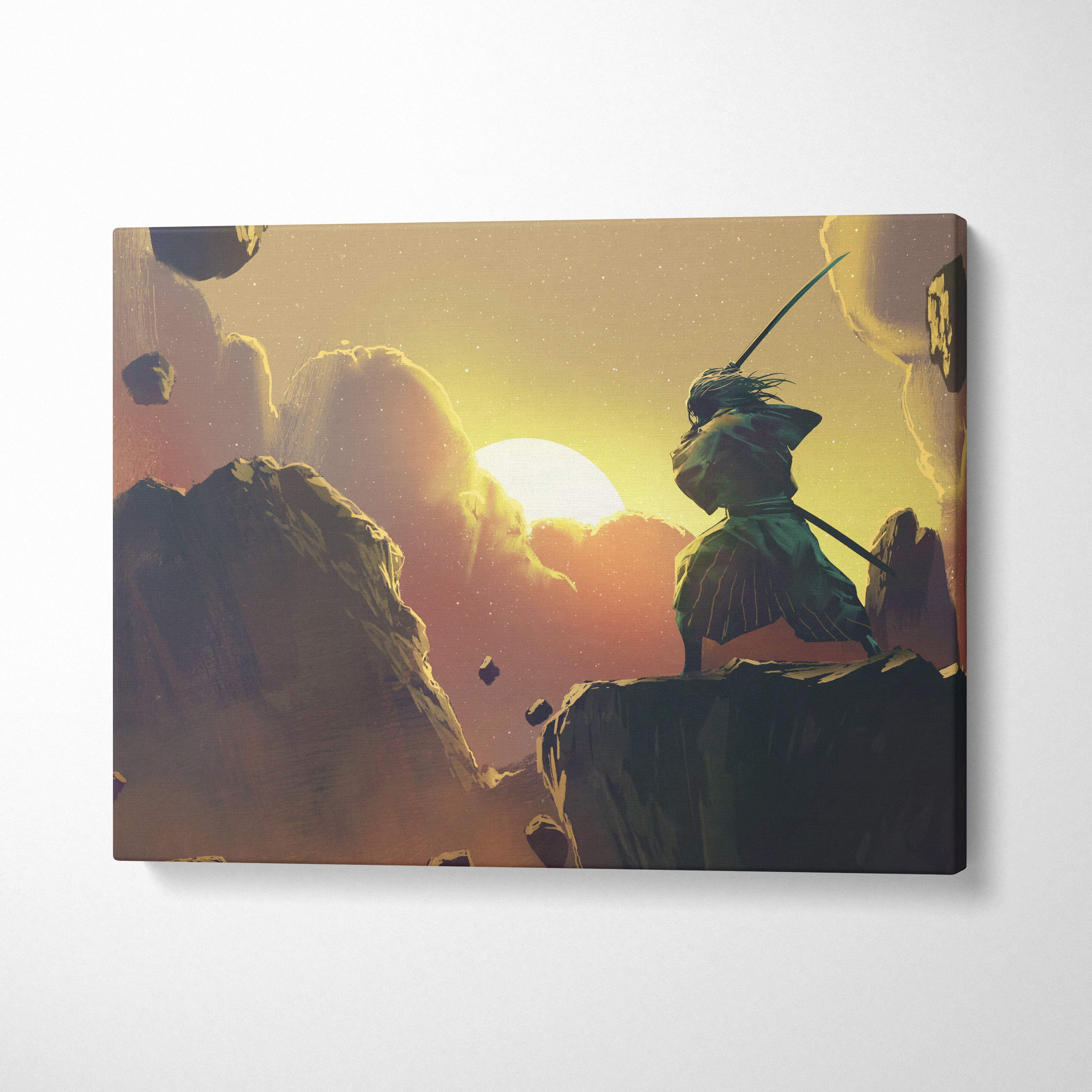 Rectangular canvas art of a stylized samurai in dark green robes on a cliff with katana at sunrise and levitating rocks