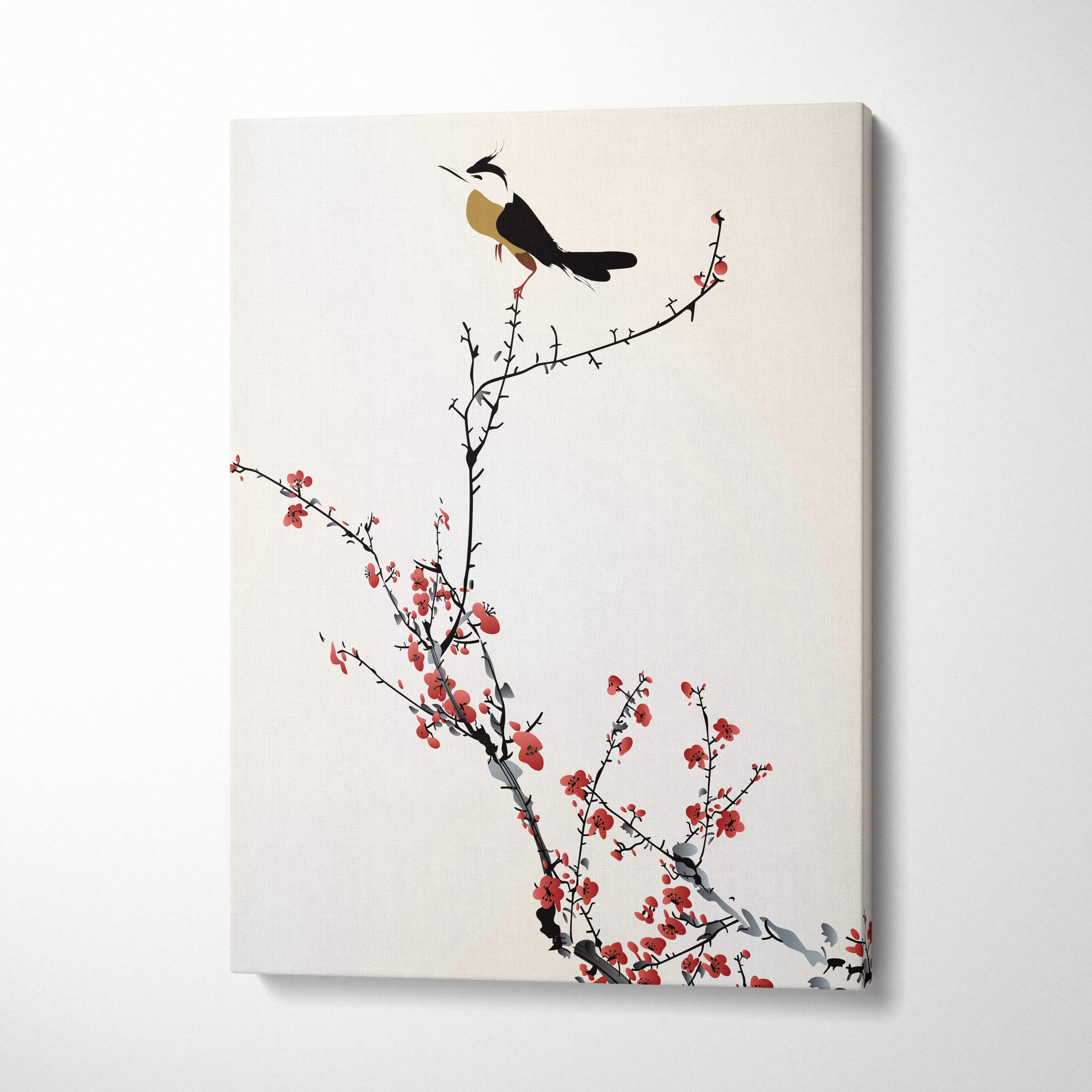 Red cherry blossom bird canvas wall art minimalist asian ink style black white yellow bird on red branches