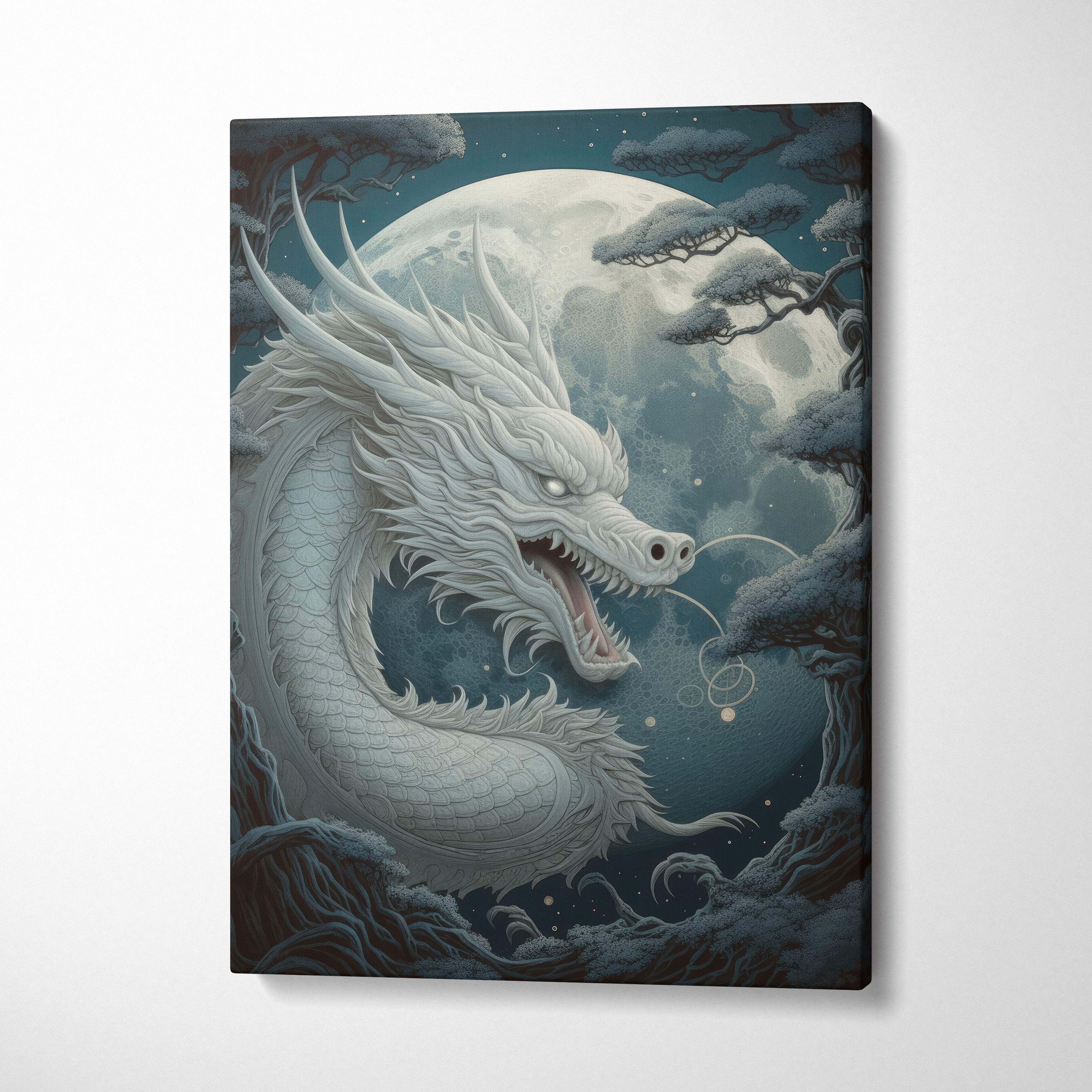 Moonlit celestial dragon canvas wall art features a white dragon with intricate scales coiled around a full moon on framed artwork
