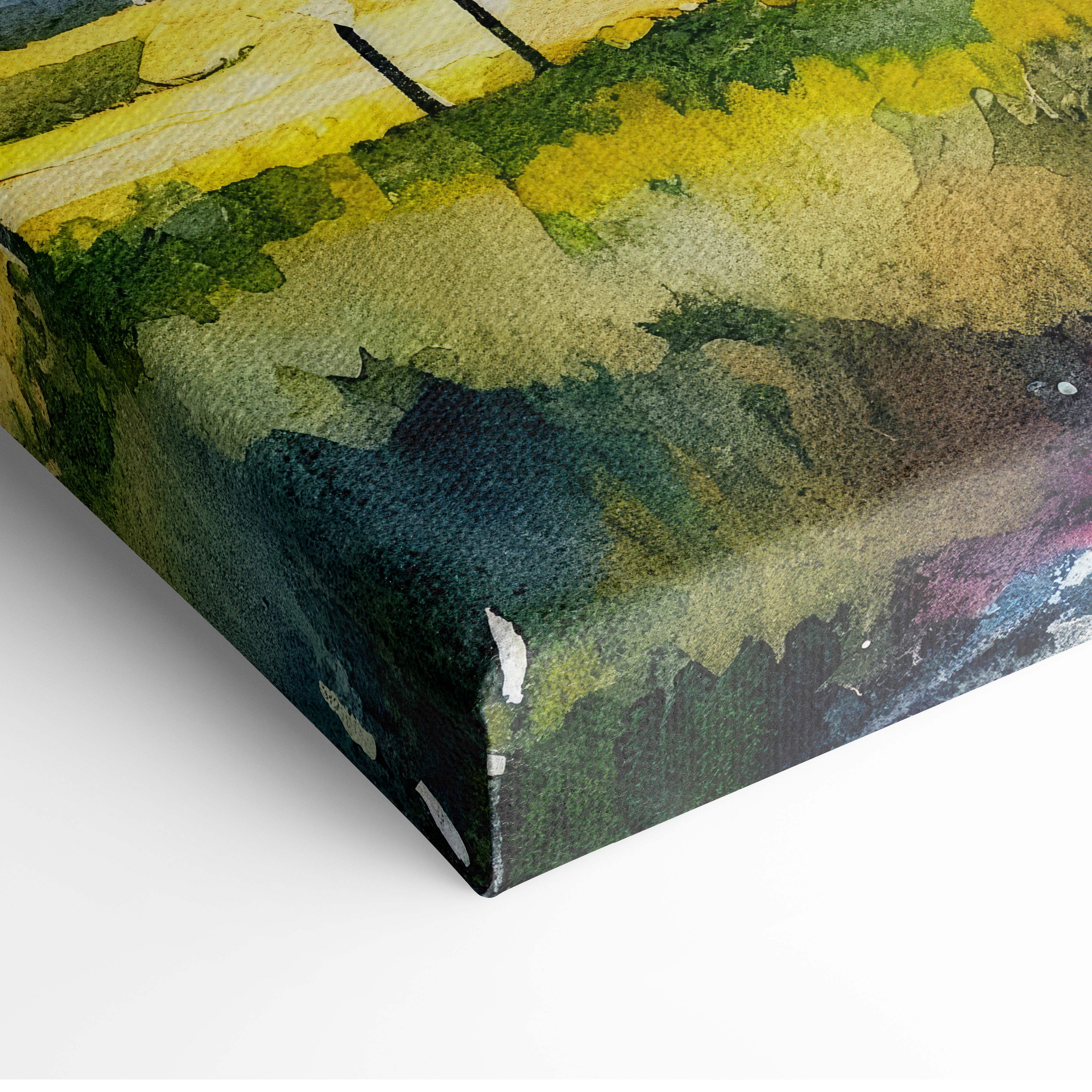 Watercolor landscape canvas art with textured brushstrokes in yellow green and dark blue depicting a rainy countryside scene