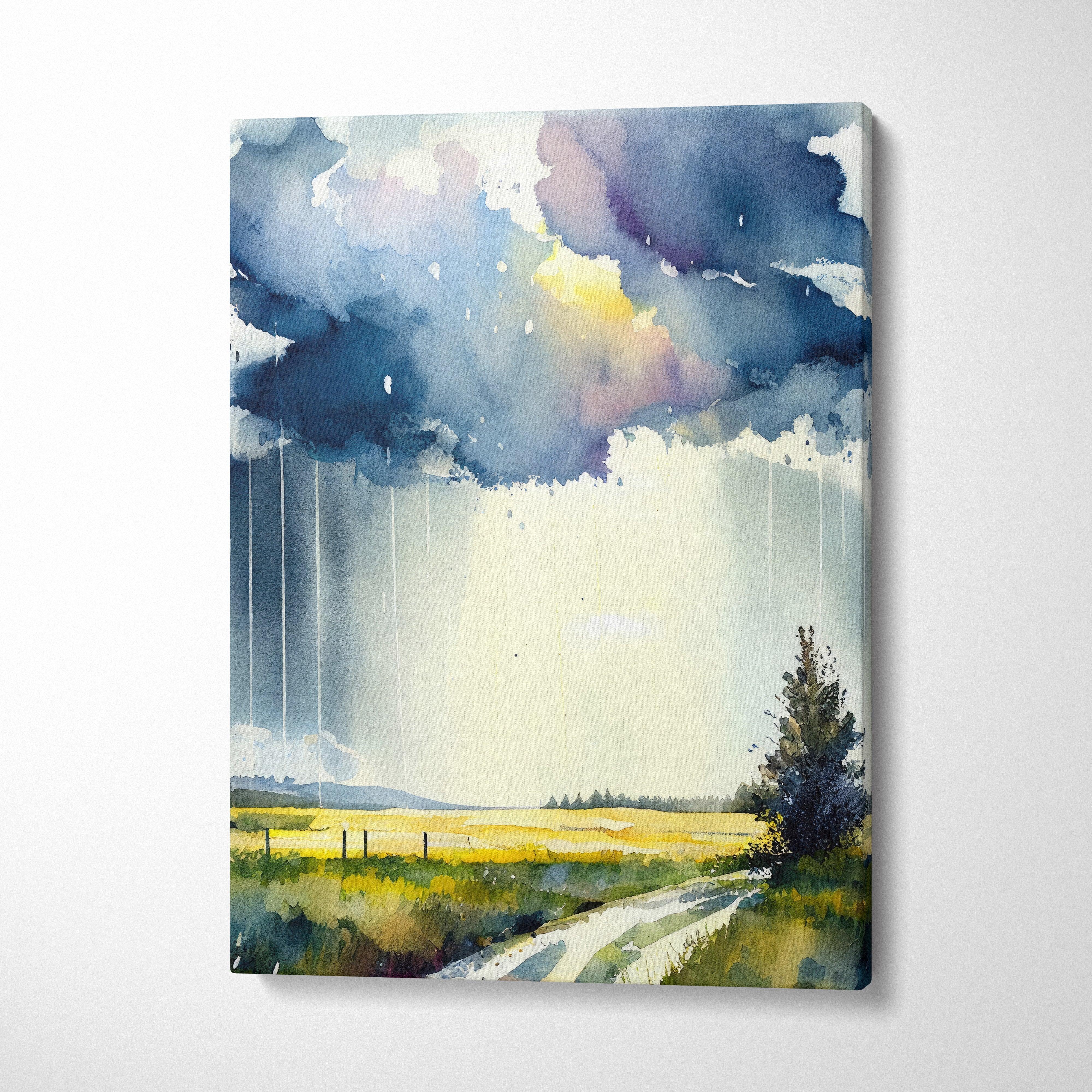 Watercolor canvas art depicting stormy dark blue and purple clouds over a sunlit yellow field with a winding path and tree