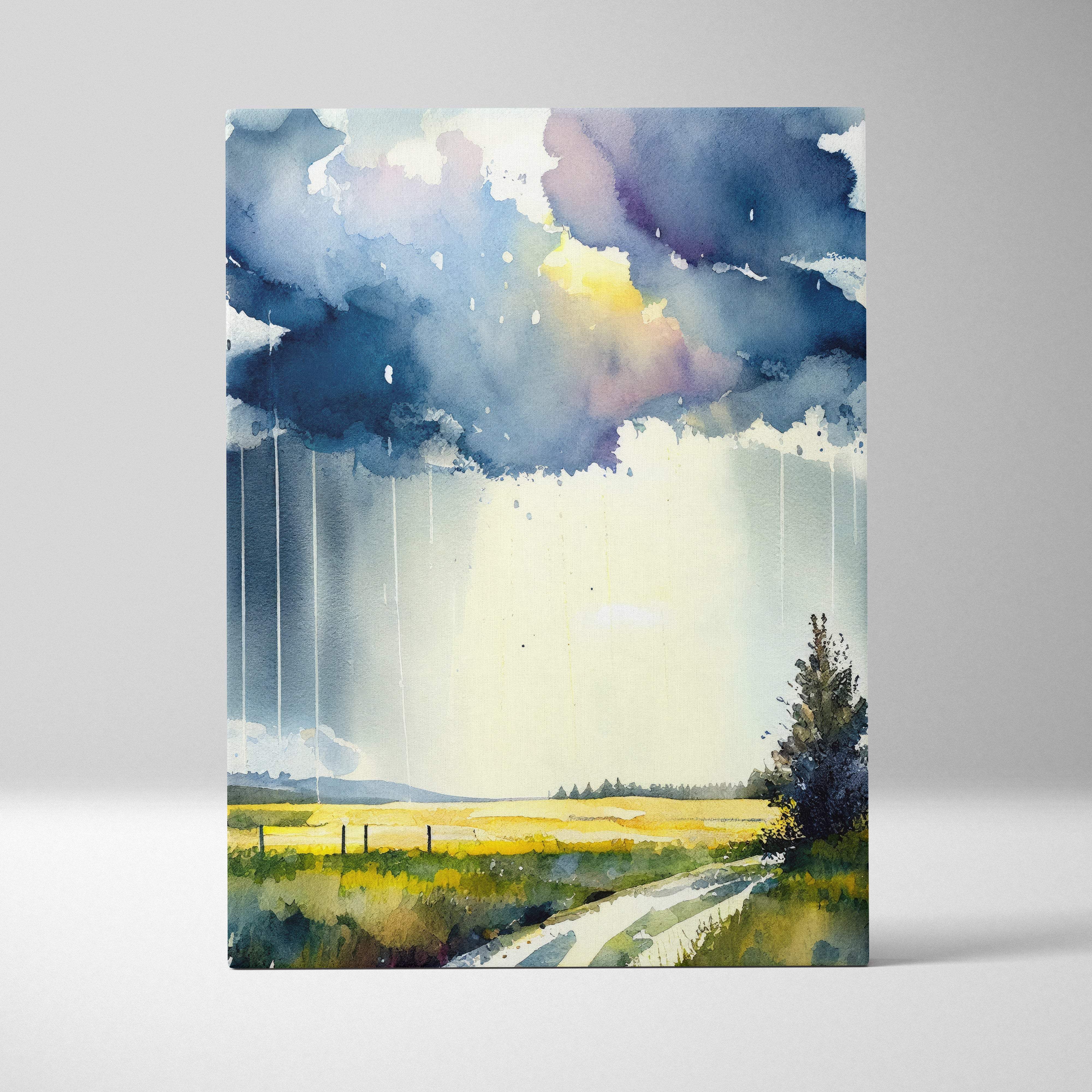 Rainy countryside watercolor canvas art featuring dramatic deep blue and purple sky with yellow light over golden field