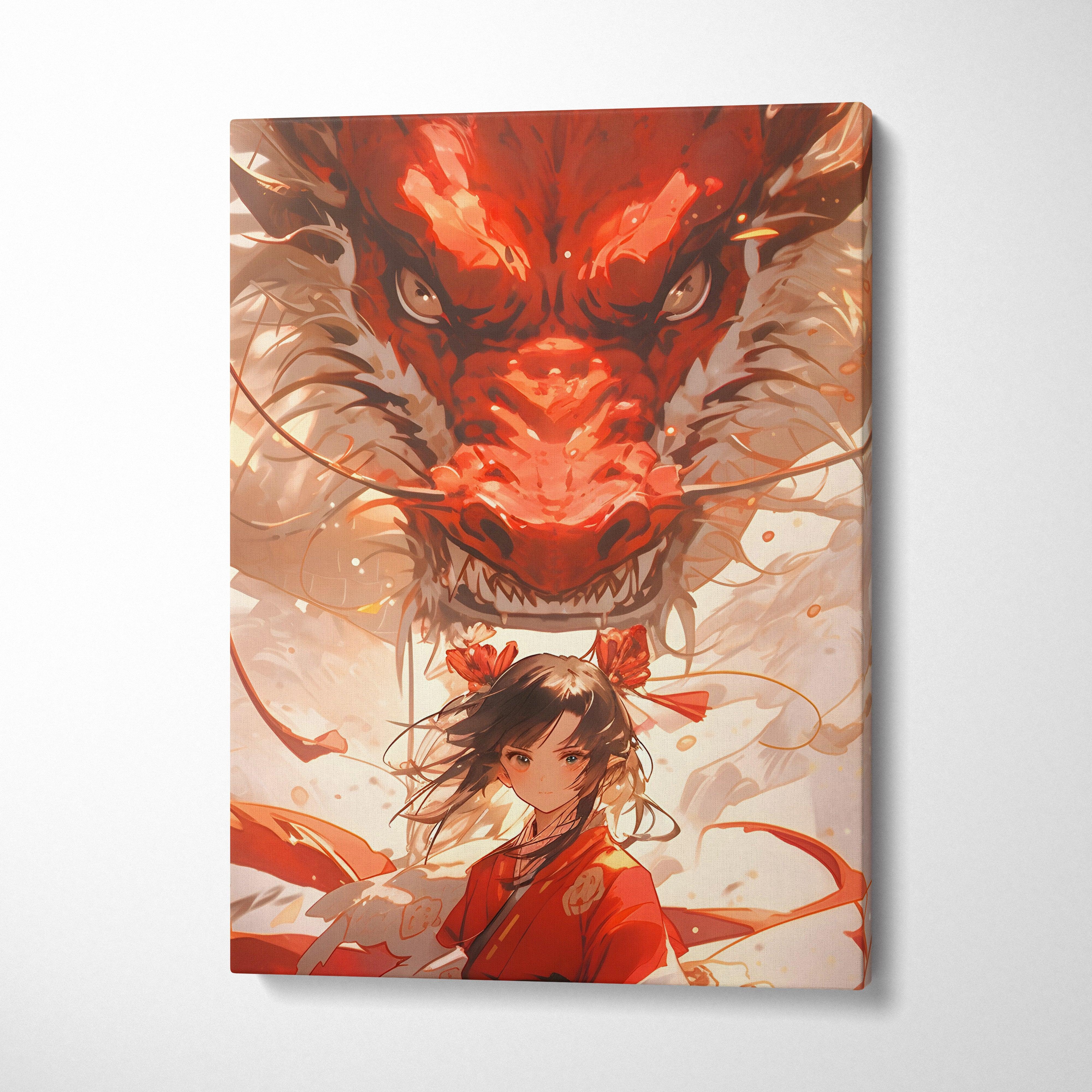 A vibrant red dragon with glowing eyes and white mane looms over a shrine maiden in a japanese fantasy canvas print