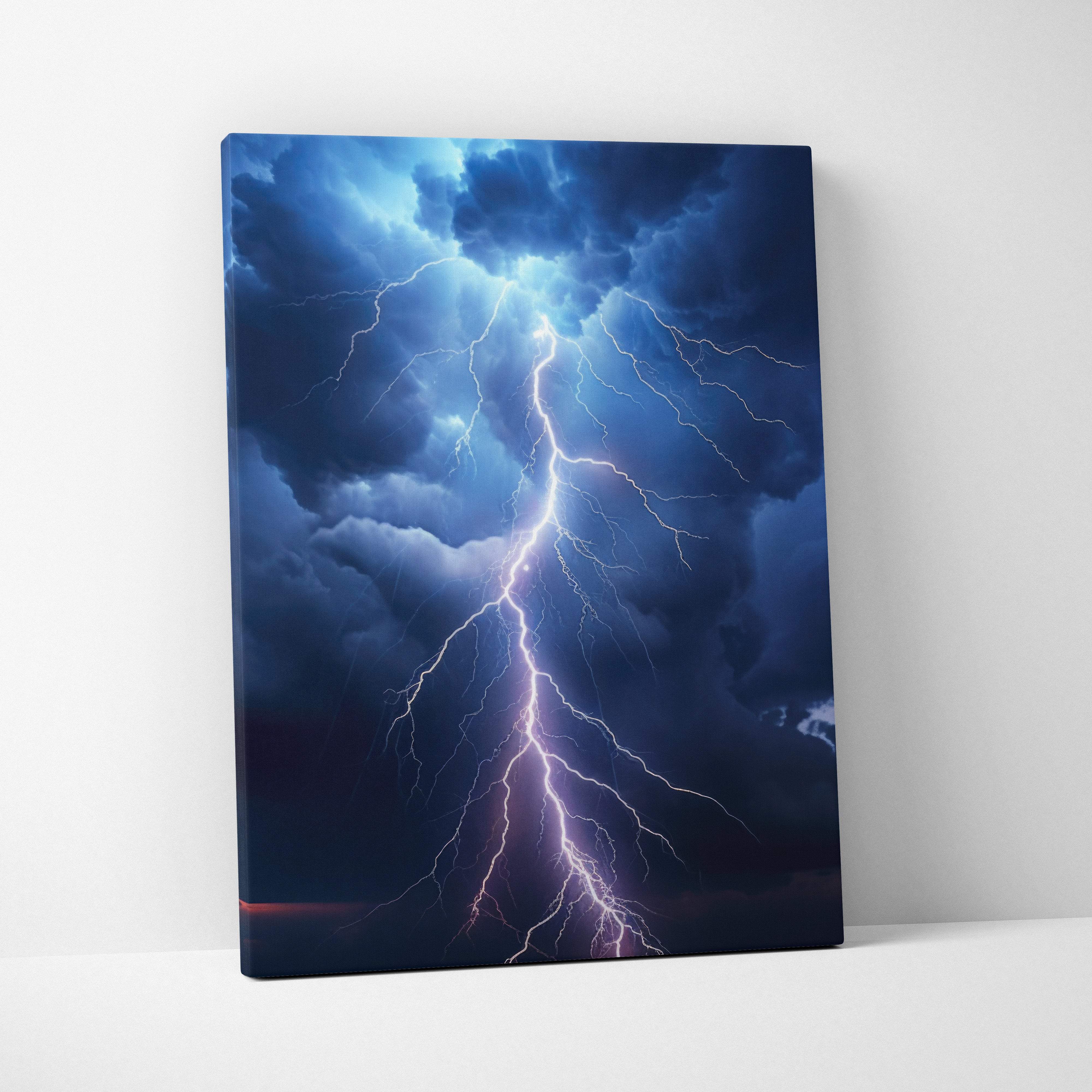 Vibrant canvas print featuring a dramatic lightning strike with dark blue stormy clouds for wall decor