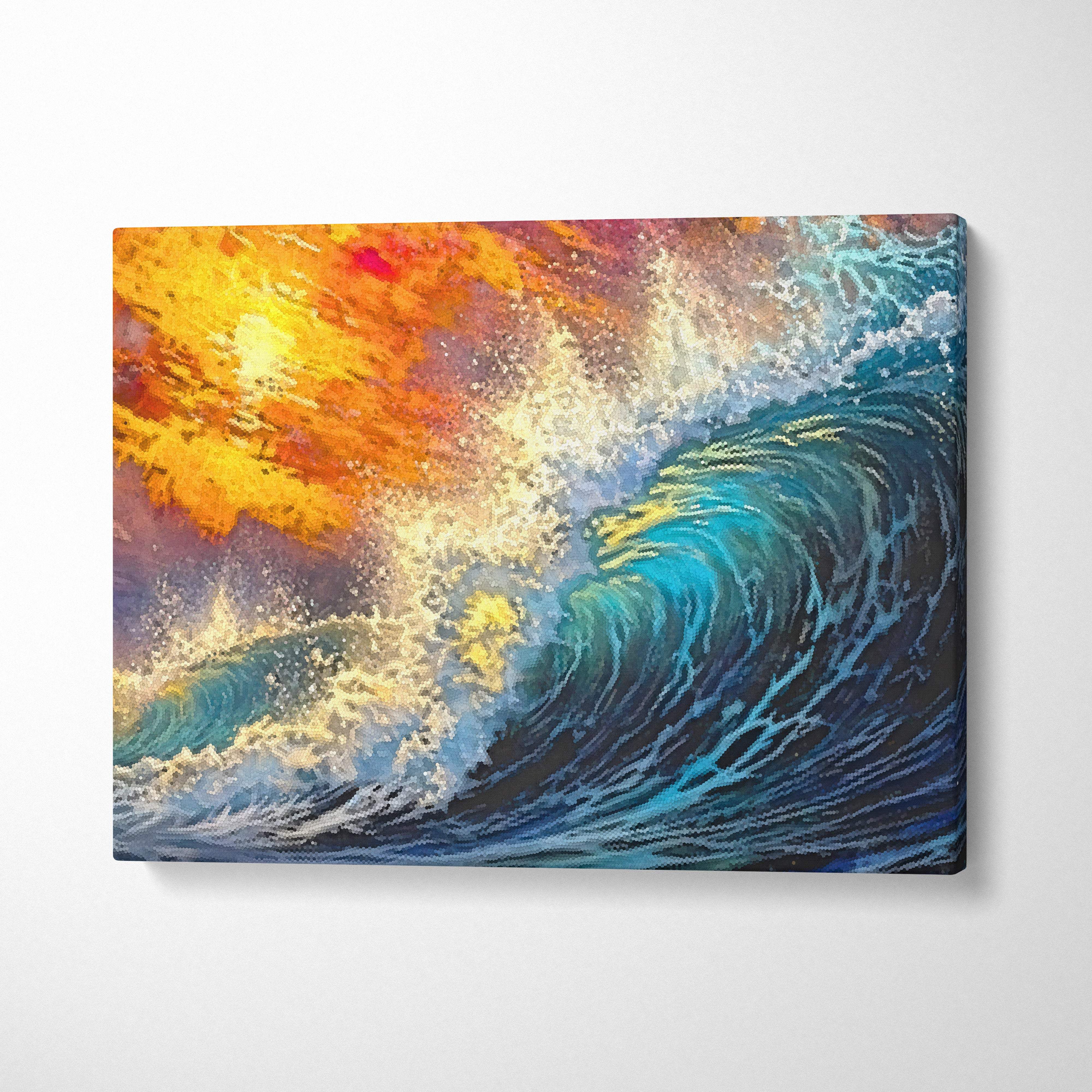 Vibrant abstract ocean wave canvas wall art print with dynamic teal blue and fiery orange yellow swirls for coastal decor