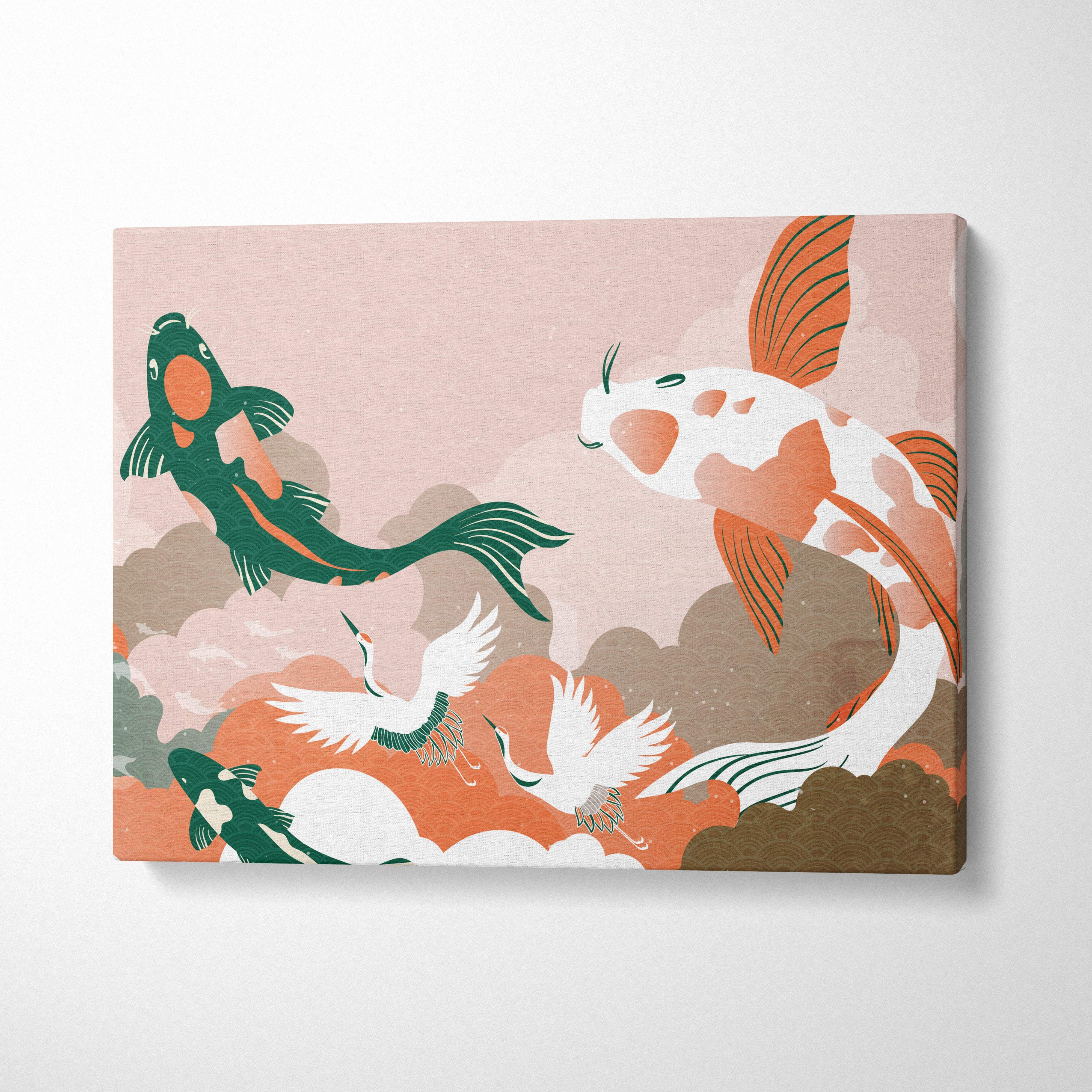A rectangular canvas print of koi fish and white cranes in peach green minimalist japanese cloud design wall art