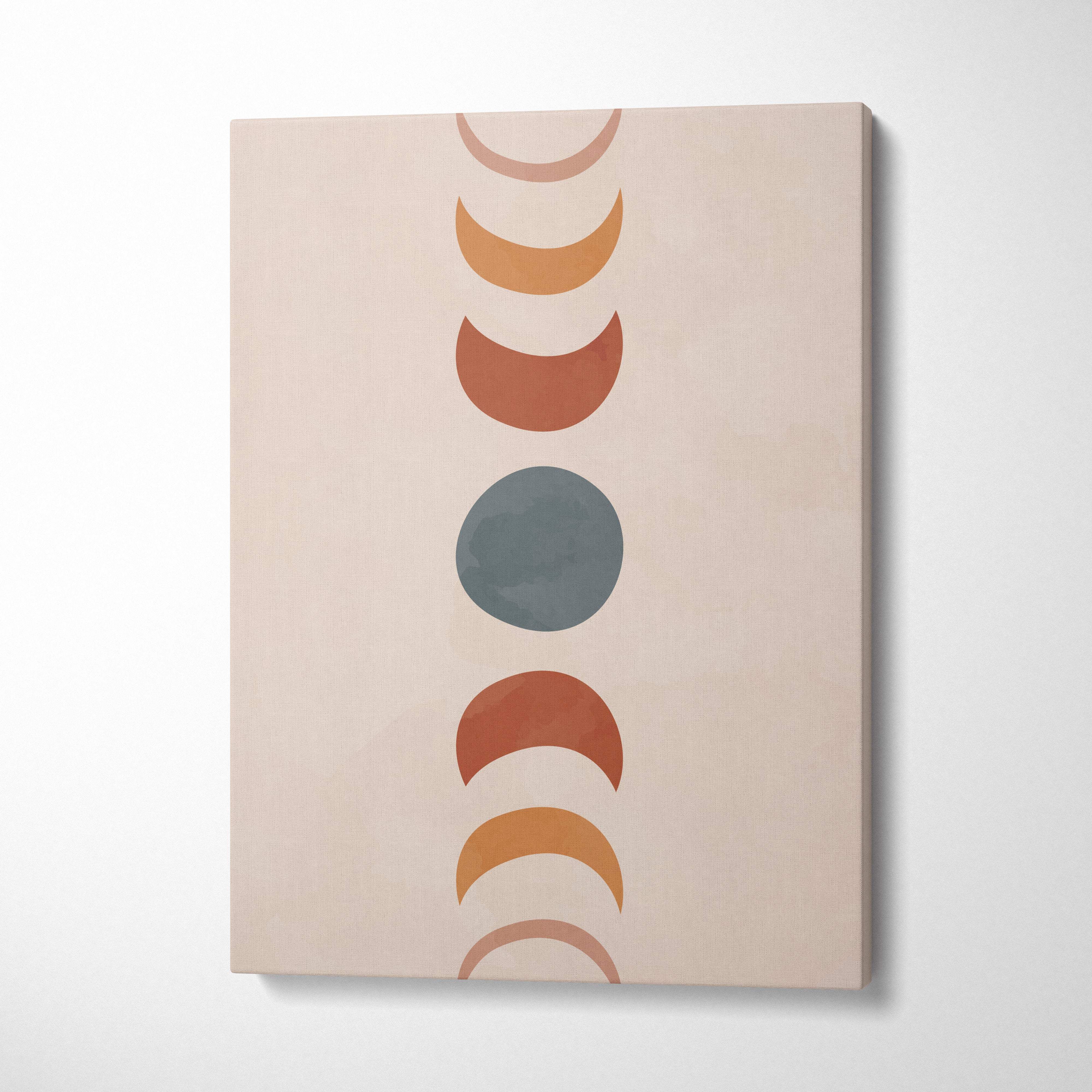Boho moon phases canvas wall art with minimalist terracotta rust and sage green moon phases on beige background