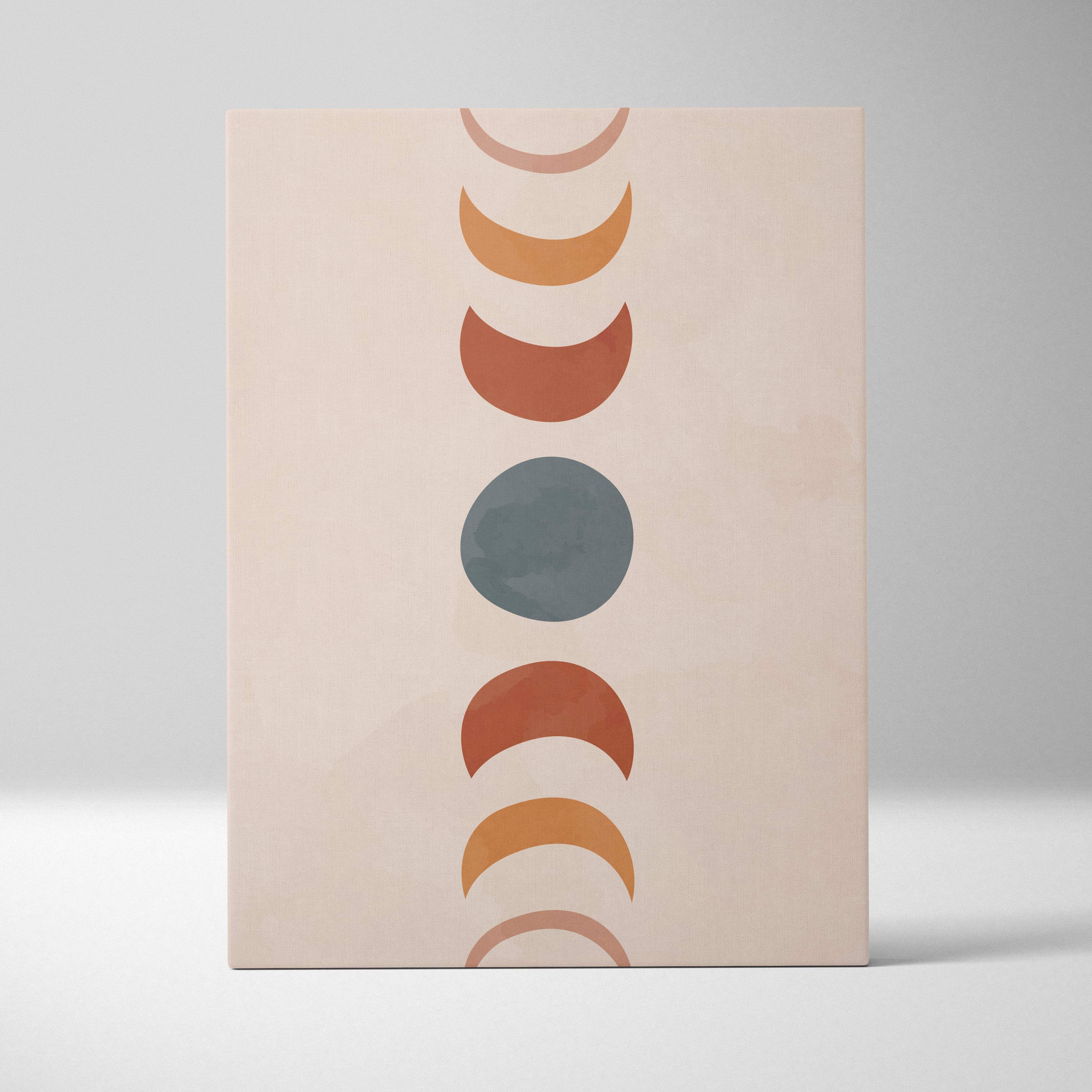 Boho moon phases canvas wall art with vertical stylized moon phases in terracotta rust and sage green on beige background