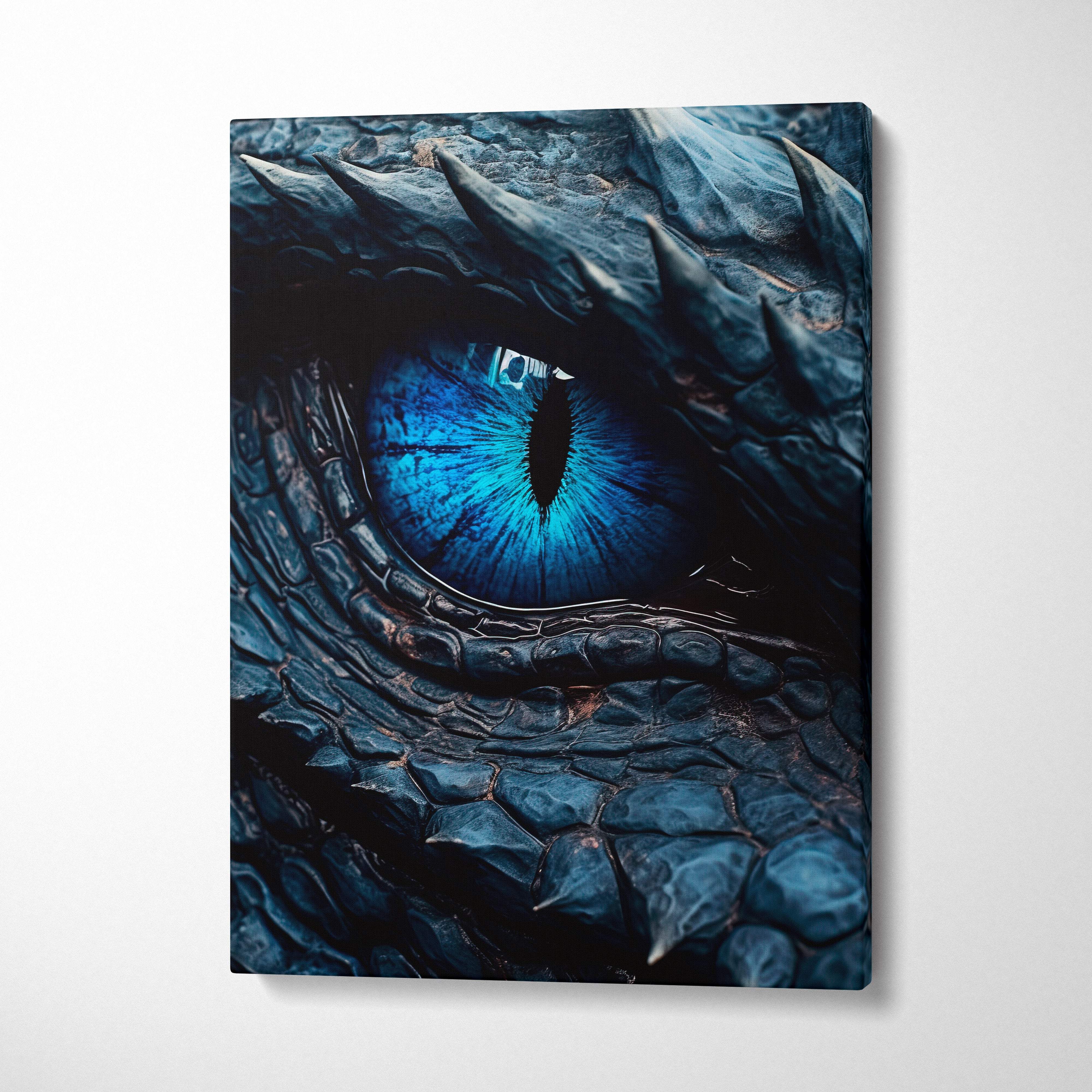A striking canvas print of a dragon eye with vivid blue iris and dark textured scales for wall art decor