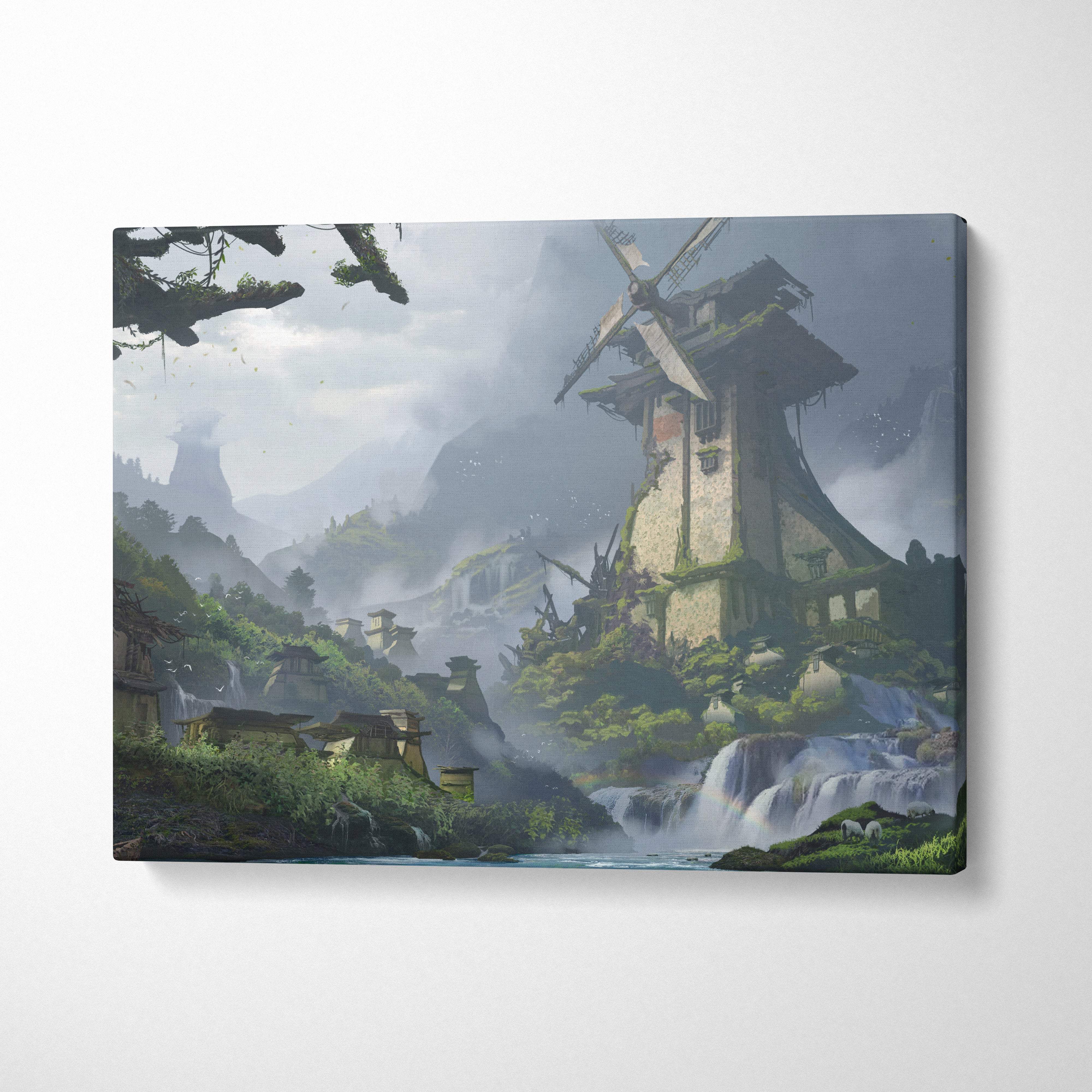 Rectangular canvas print of a misty green waterfall landscape with an ancient stone windmill on mossy cliffs for whimsical decor