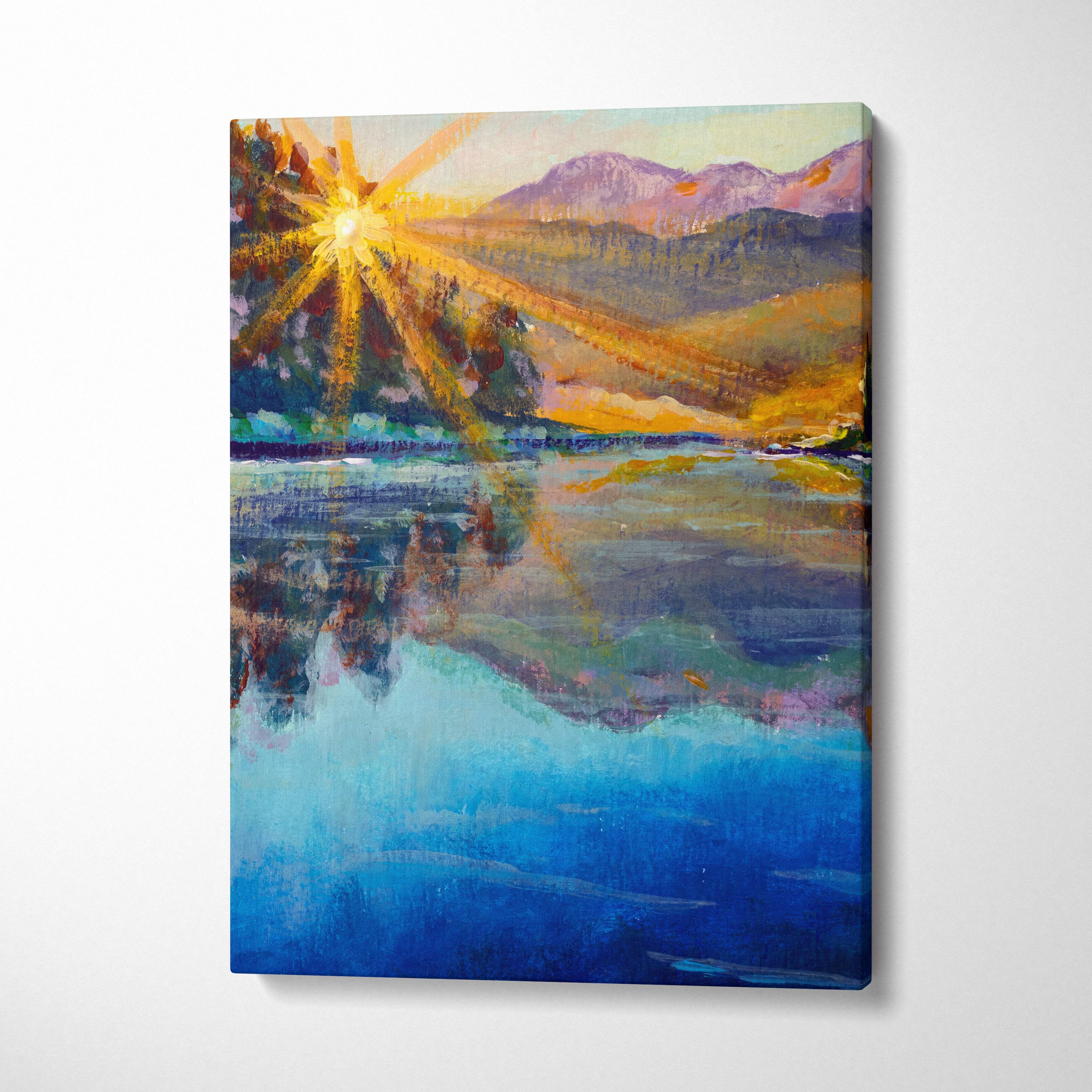 Vibrant impressionist canvas print of a radiant golden sunburst over mountains and their reflection in deep blue water