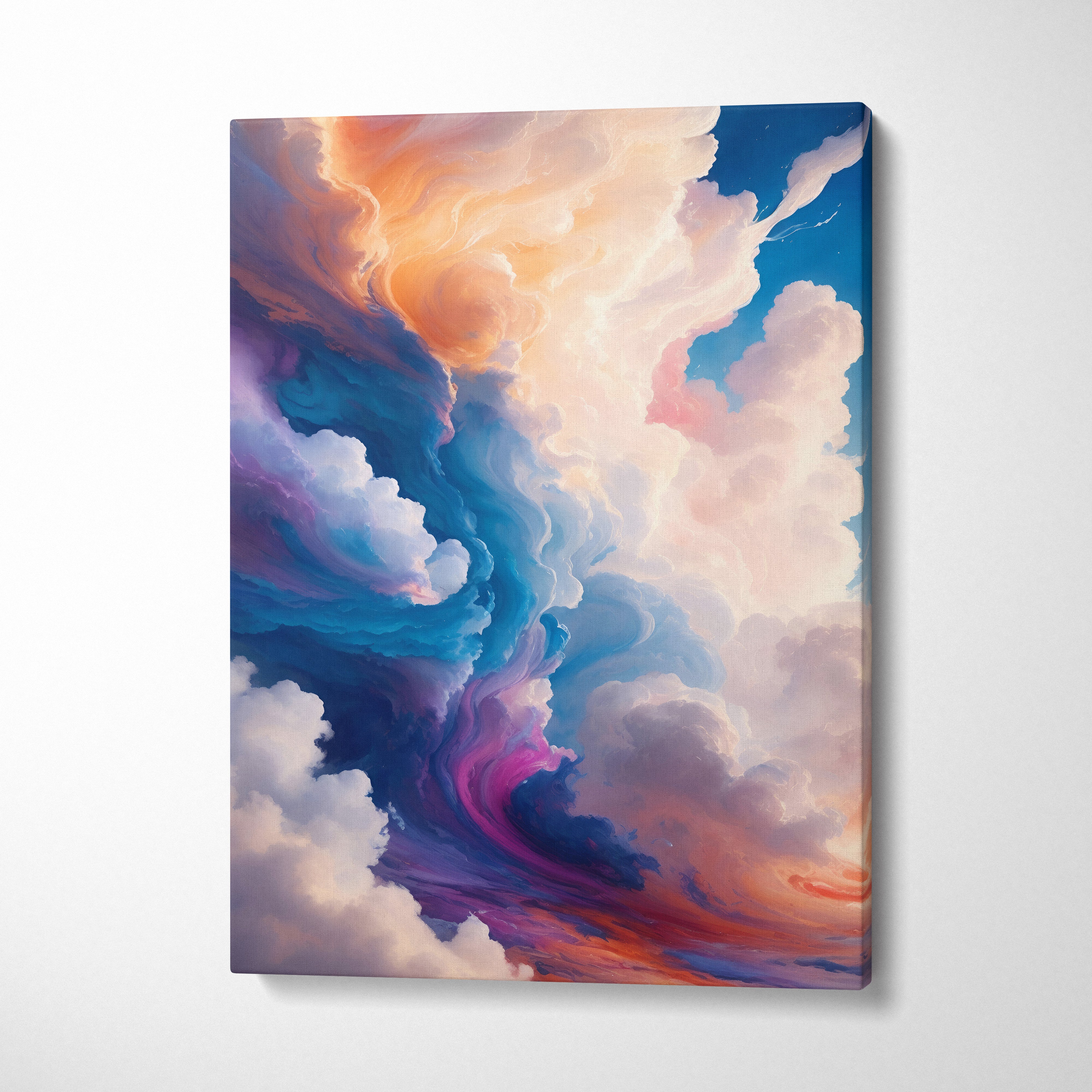 Blue pink cloudscape canvas wall art featuring vibrant swirling orange purple blue and pink hues for modern decor