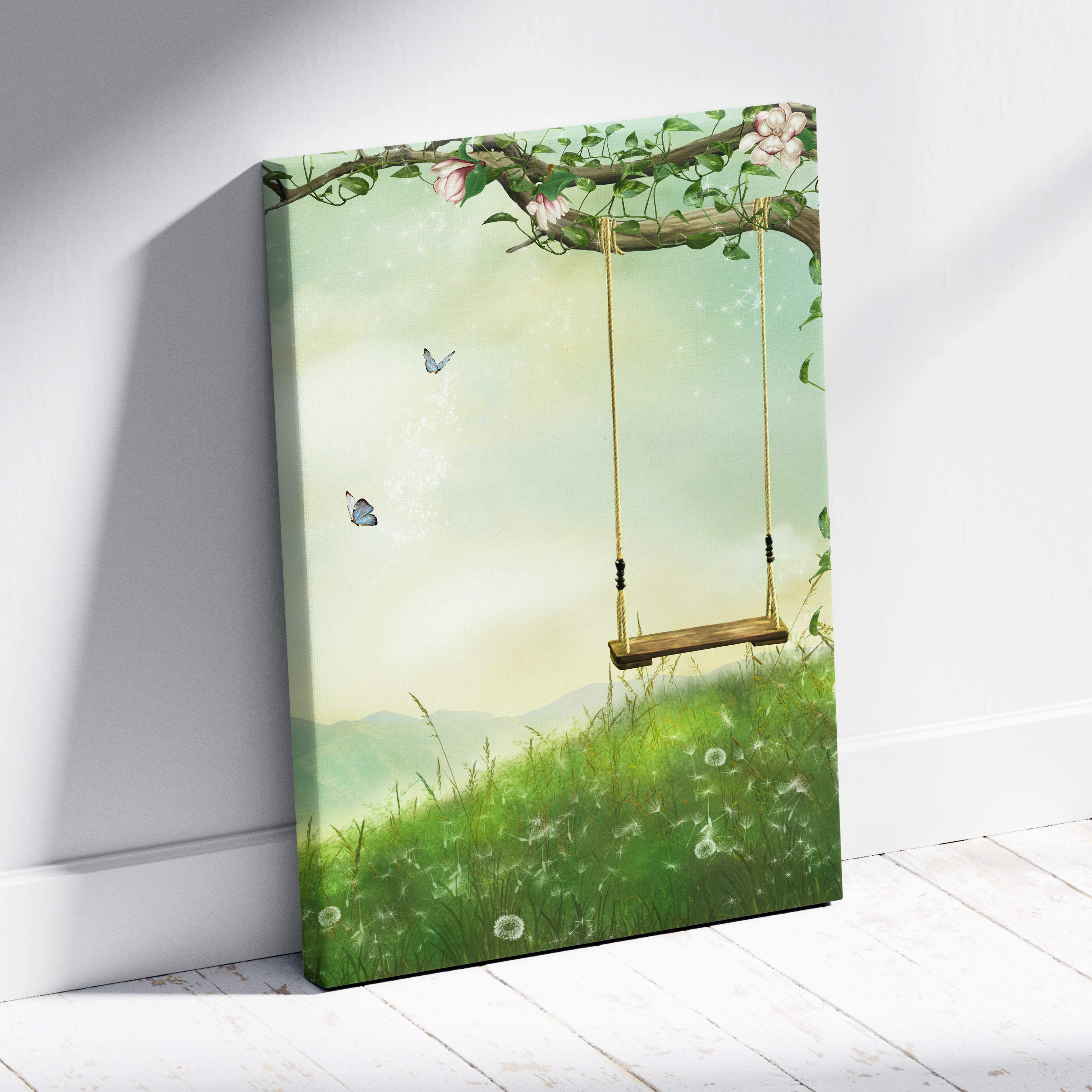 A canvas print featuring a wooden swing with golden ropes in a soft green floral landscape with butterflies