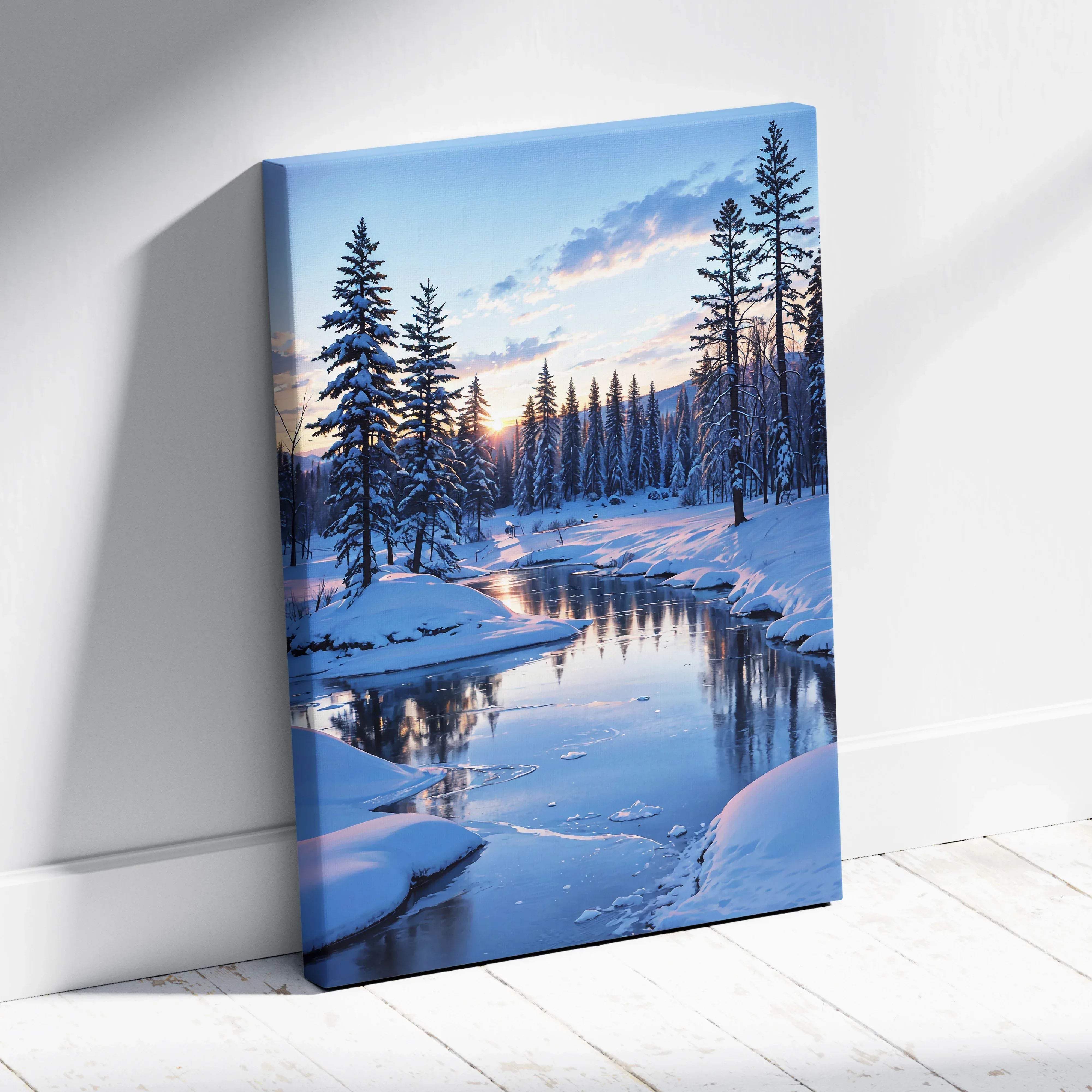 Winter landscape canvas wall art featuring snow-covered pine trees along an icy river at sunset in tranquil blue tones