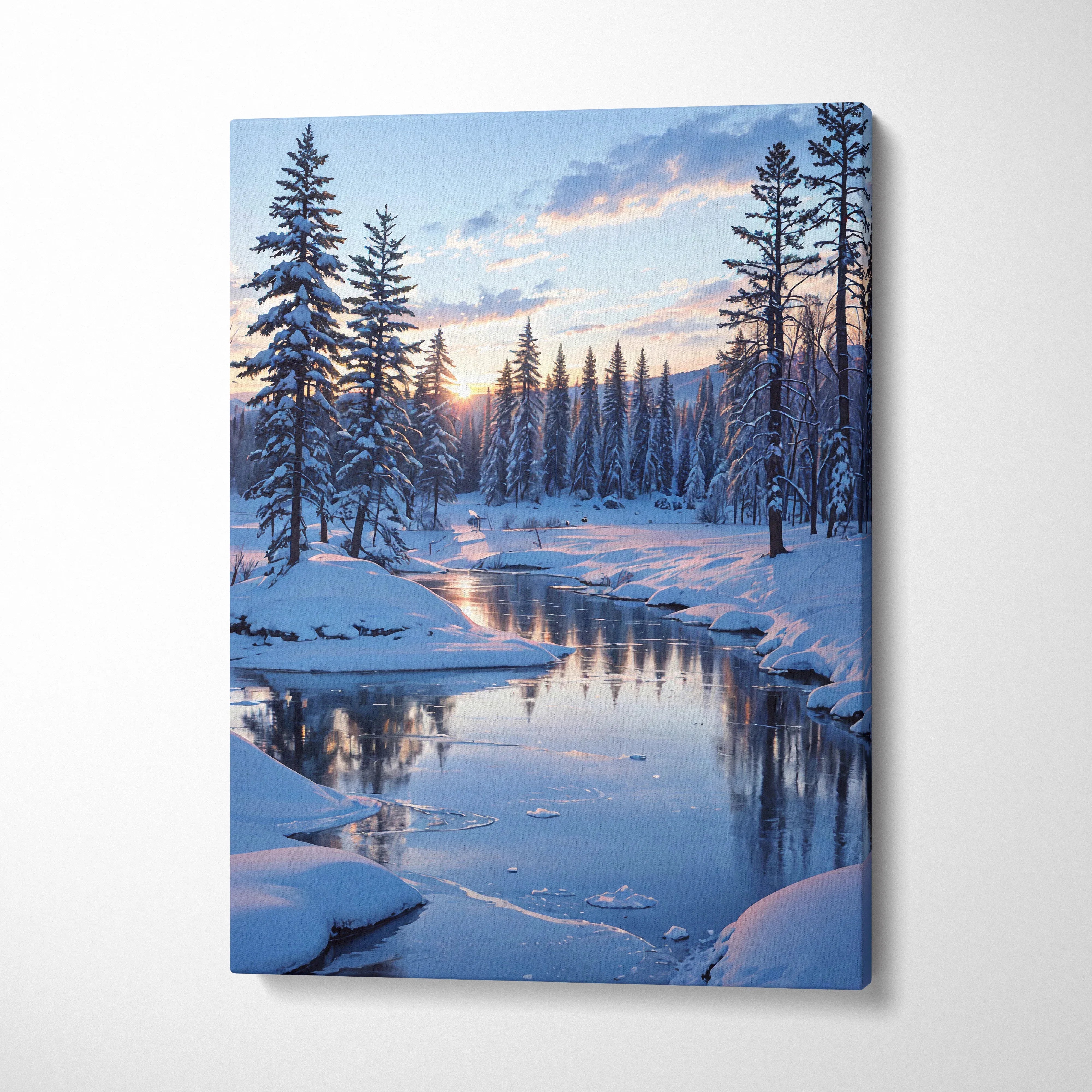 Snowy forest landscape with a reflective river at sunset on vertical canvas wall art.