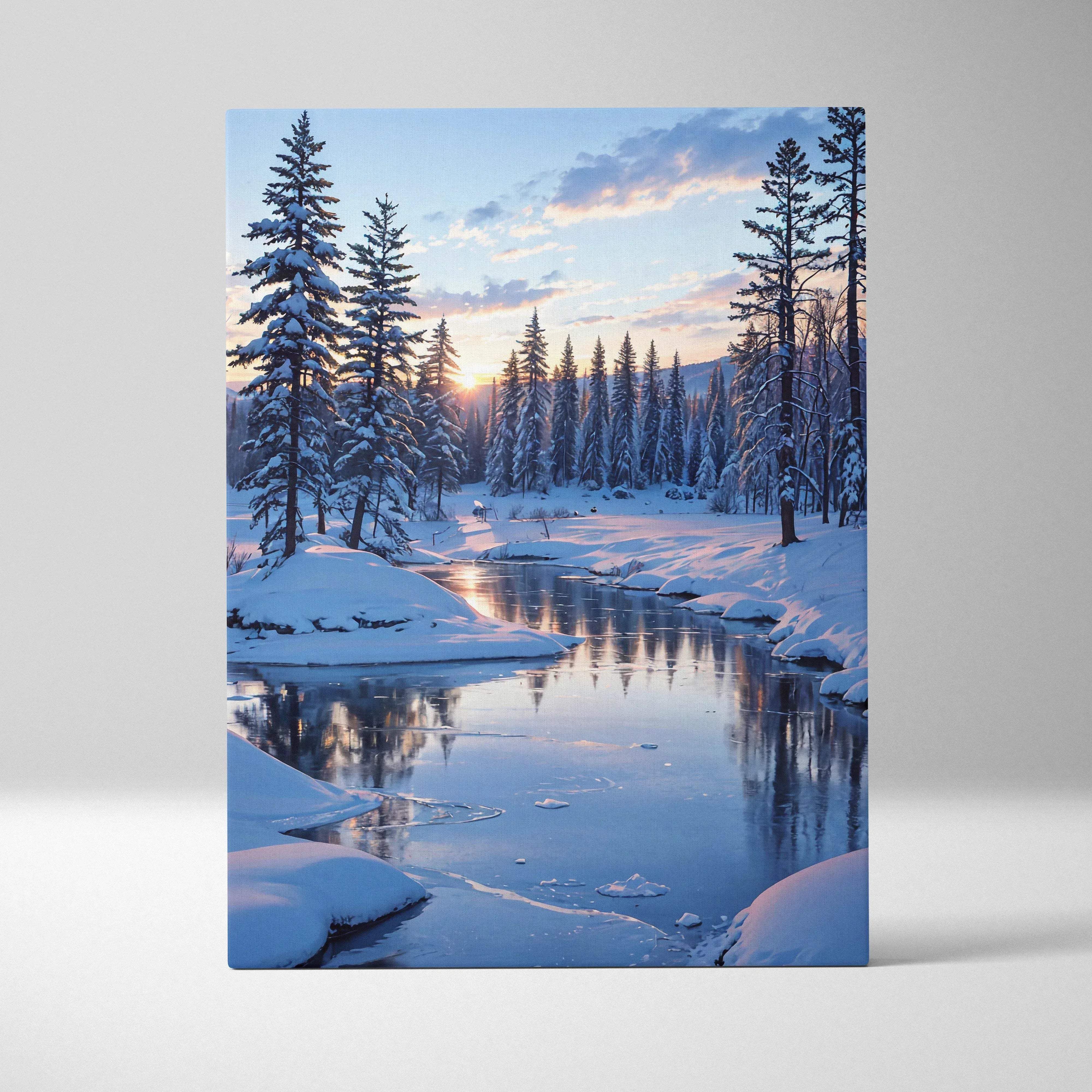 Winter landscape canvas wall art showing snow-covered pine trees along a frozen river at sunset in tranquil blue tones