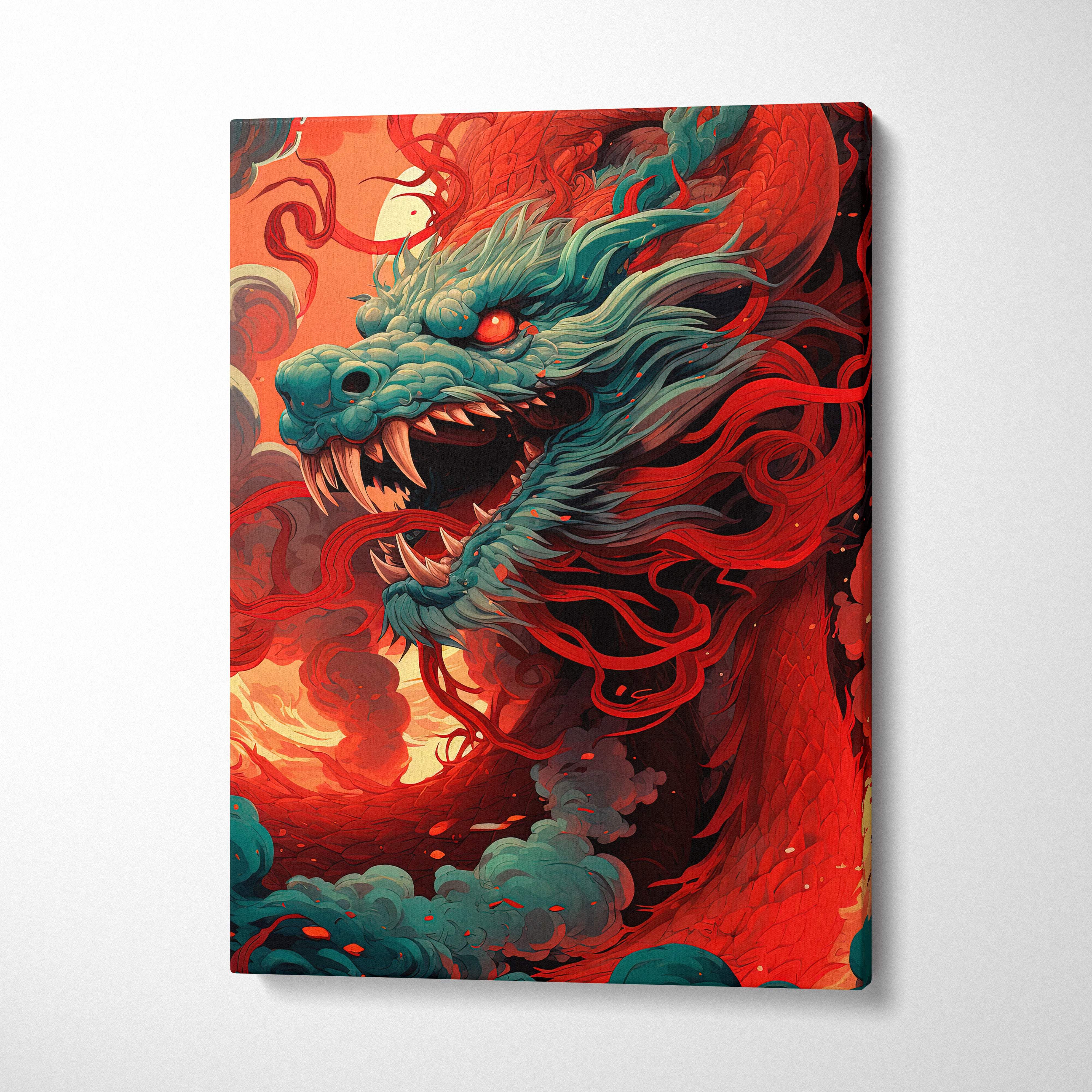 Vibrant teal dragon canvas wall art with glowing red eyes and fiery orange flames in a cosmic fantasy design