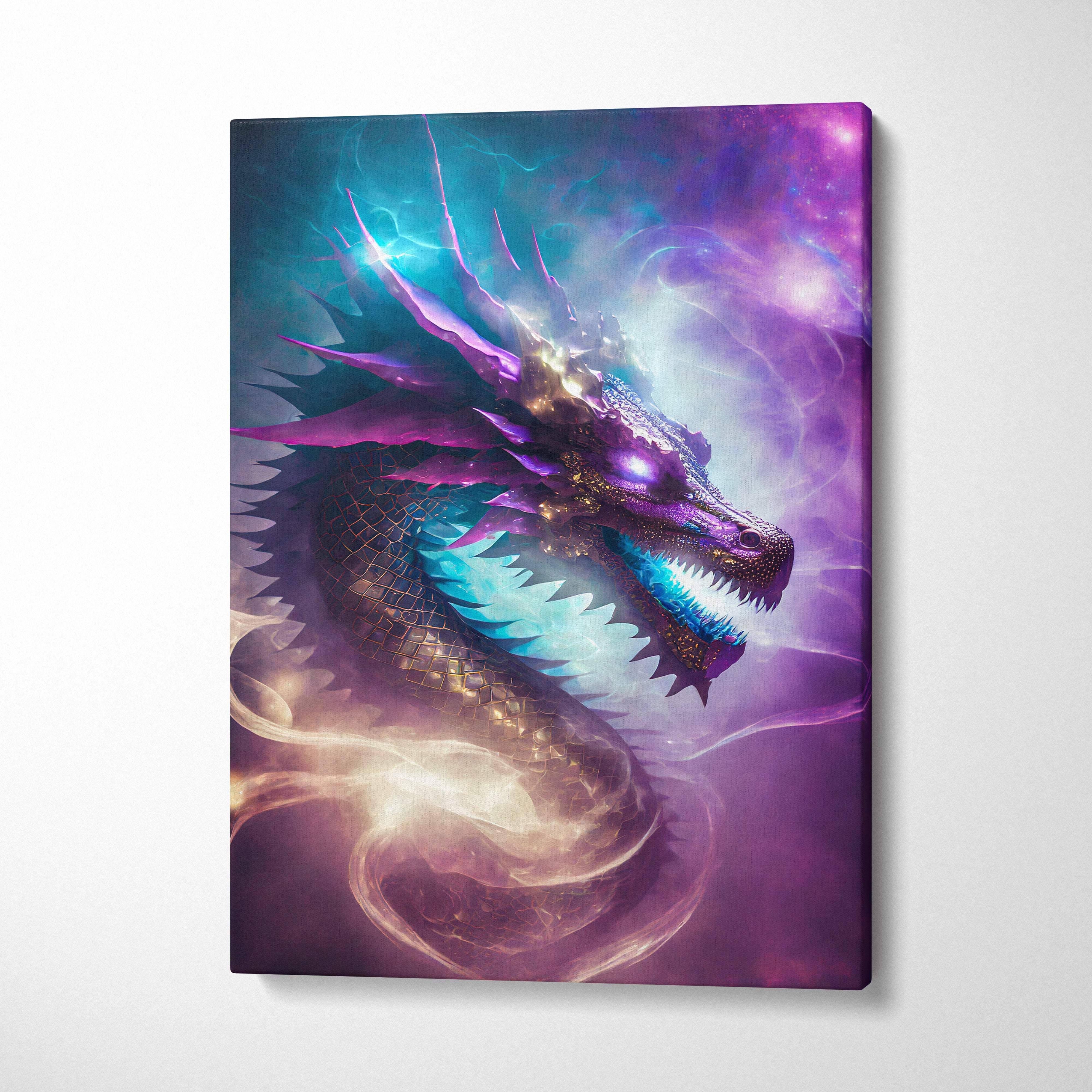 Celestial nebula dragon canvas wall art with glowing purple and teal scales golden accents on cosmic background