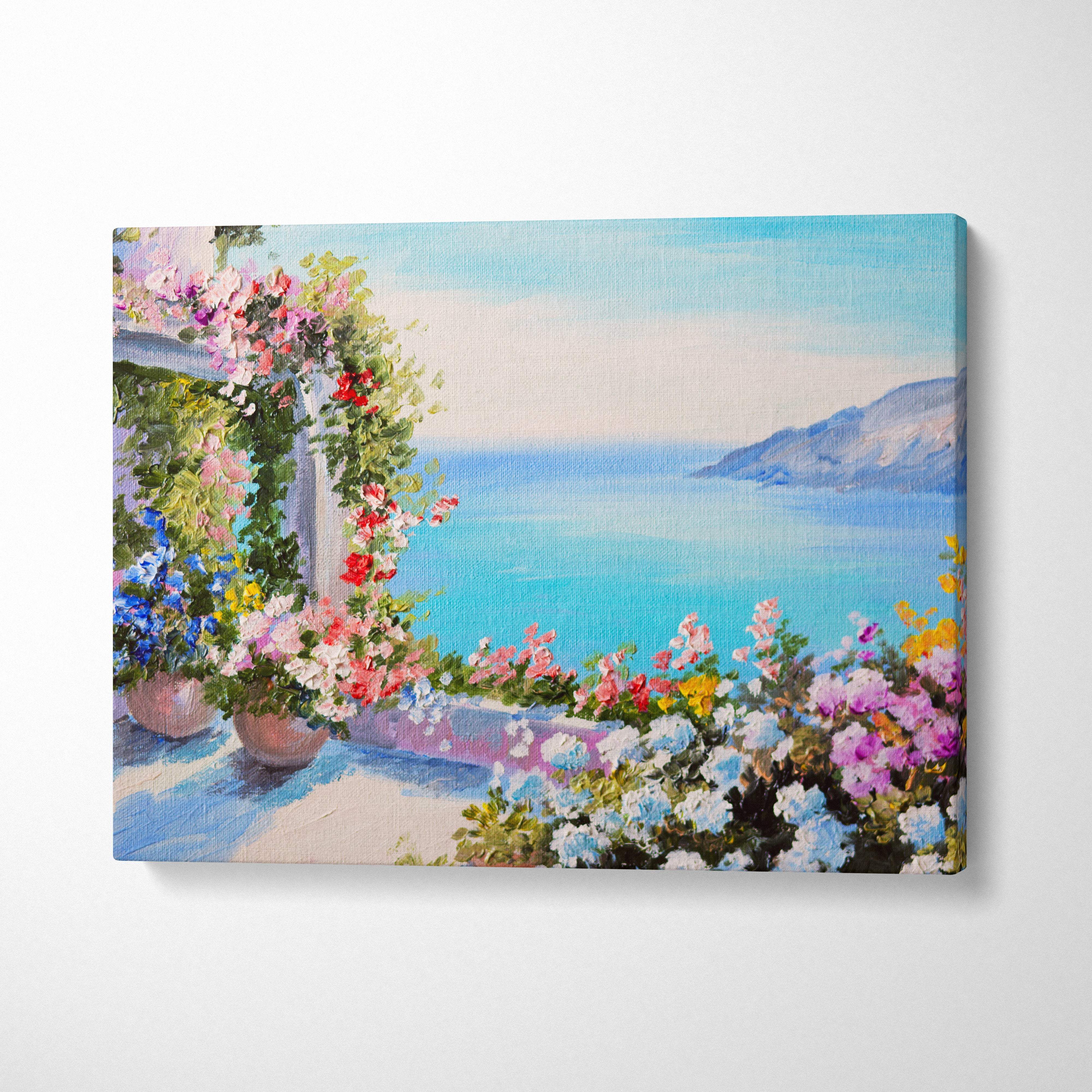 Mediterranean terrace garden canvas wall art showing a seaside balcony with pastel flowers on textured fabric