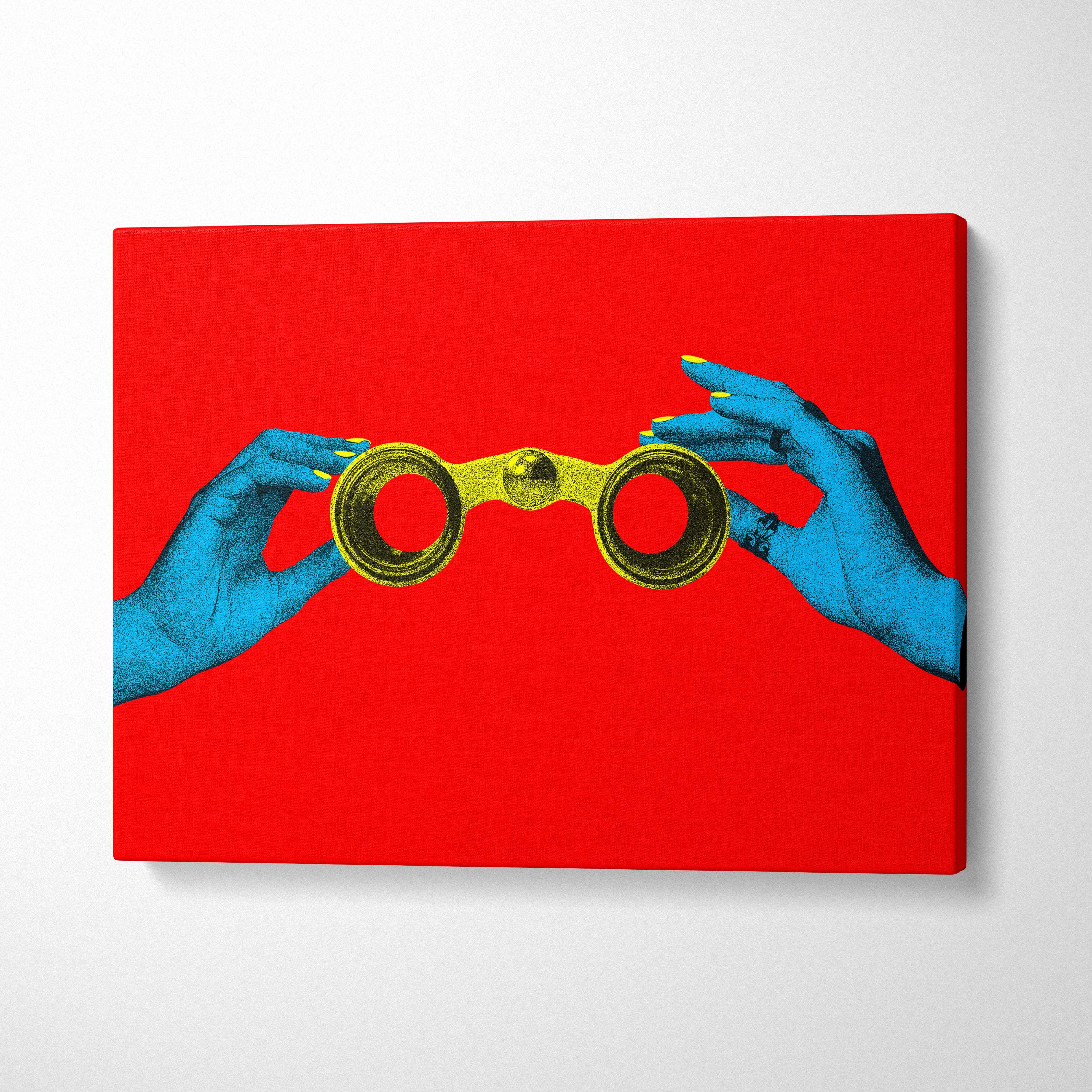 Vibrant red canvas print with stylized blue hands holding golden vintage binoculars for modern office decor