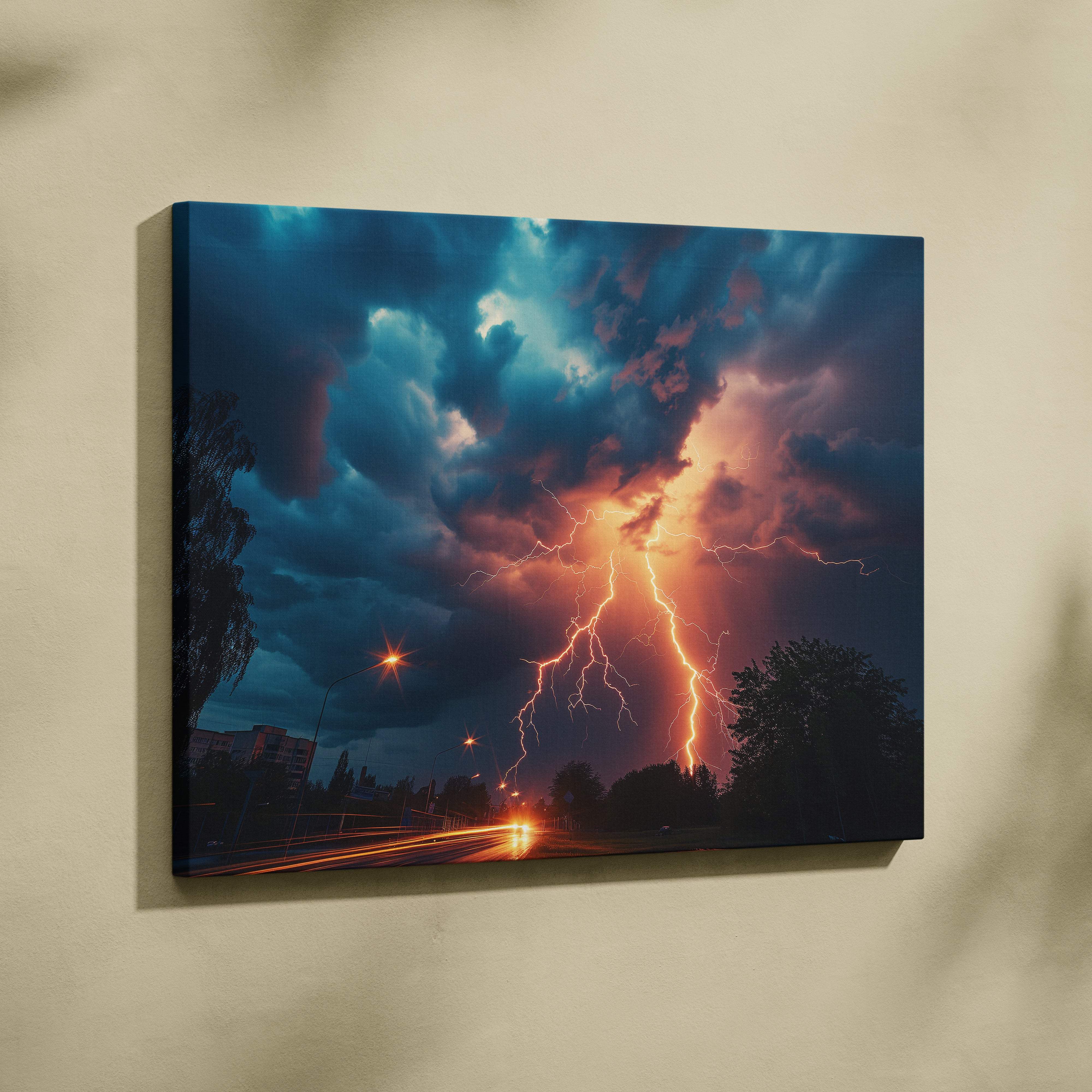Canvas print of a dramatic lightning storm with vivid orange and blue clouds above illuminated city streetlights