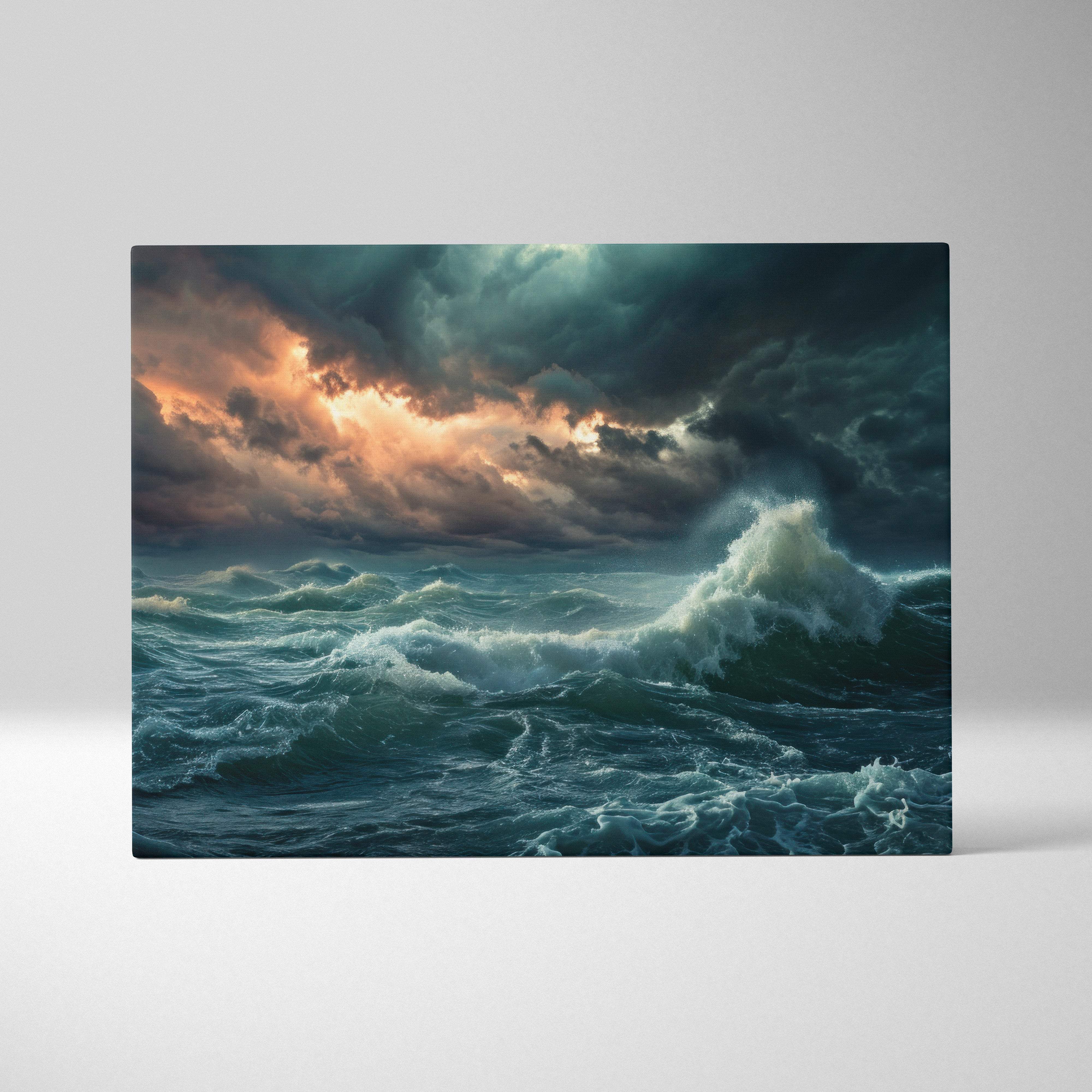 Stormy ocean waves canvas art featuring dramatic dark moody clouds and crashing deep teal sea with fiery orange highlights