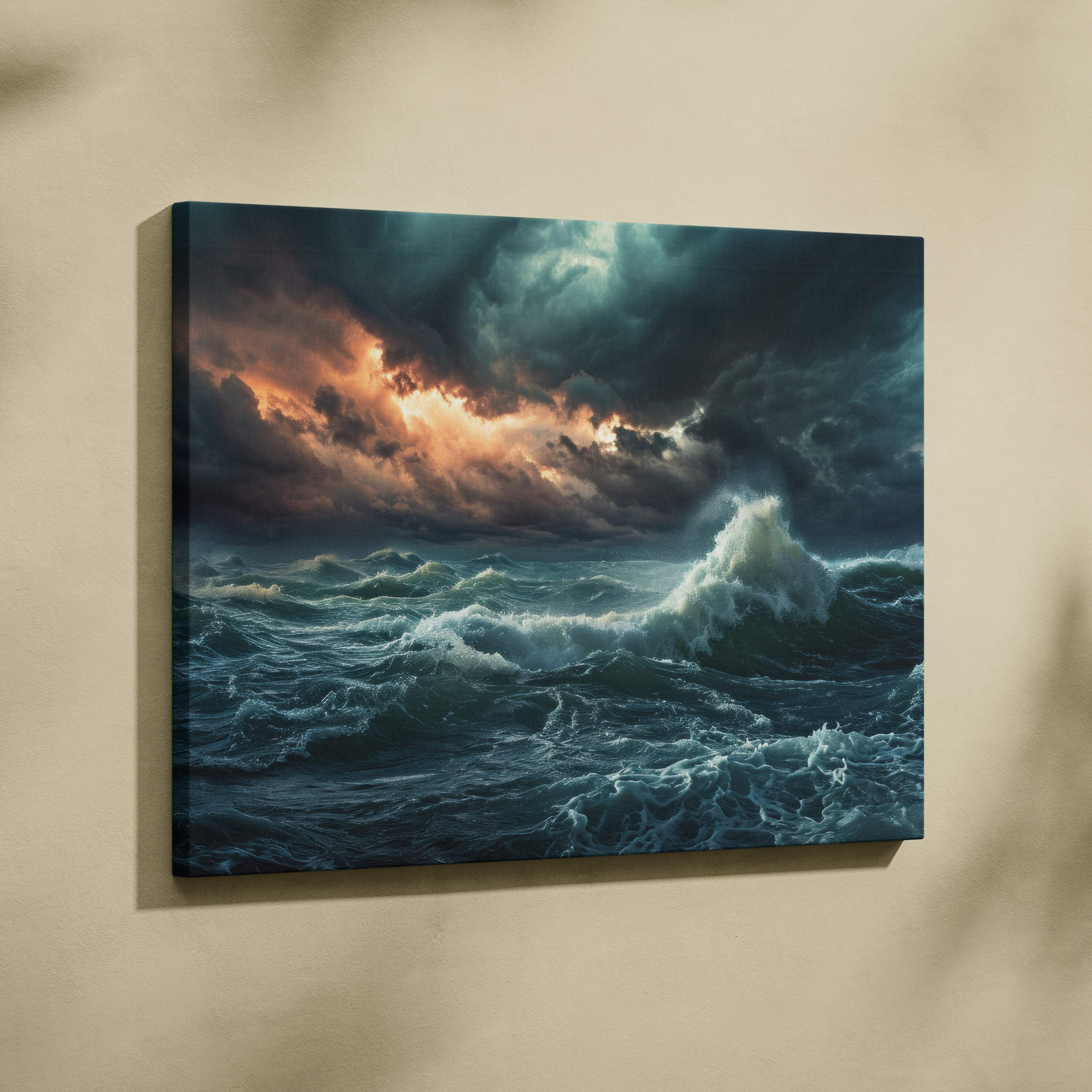 Stormy ocean waves canvas art featuring deep teal sea and dark moody clouds above crashing waves wall decor