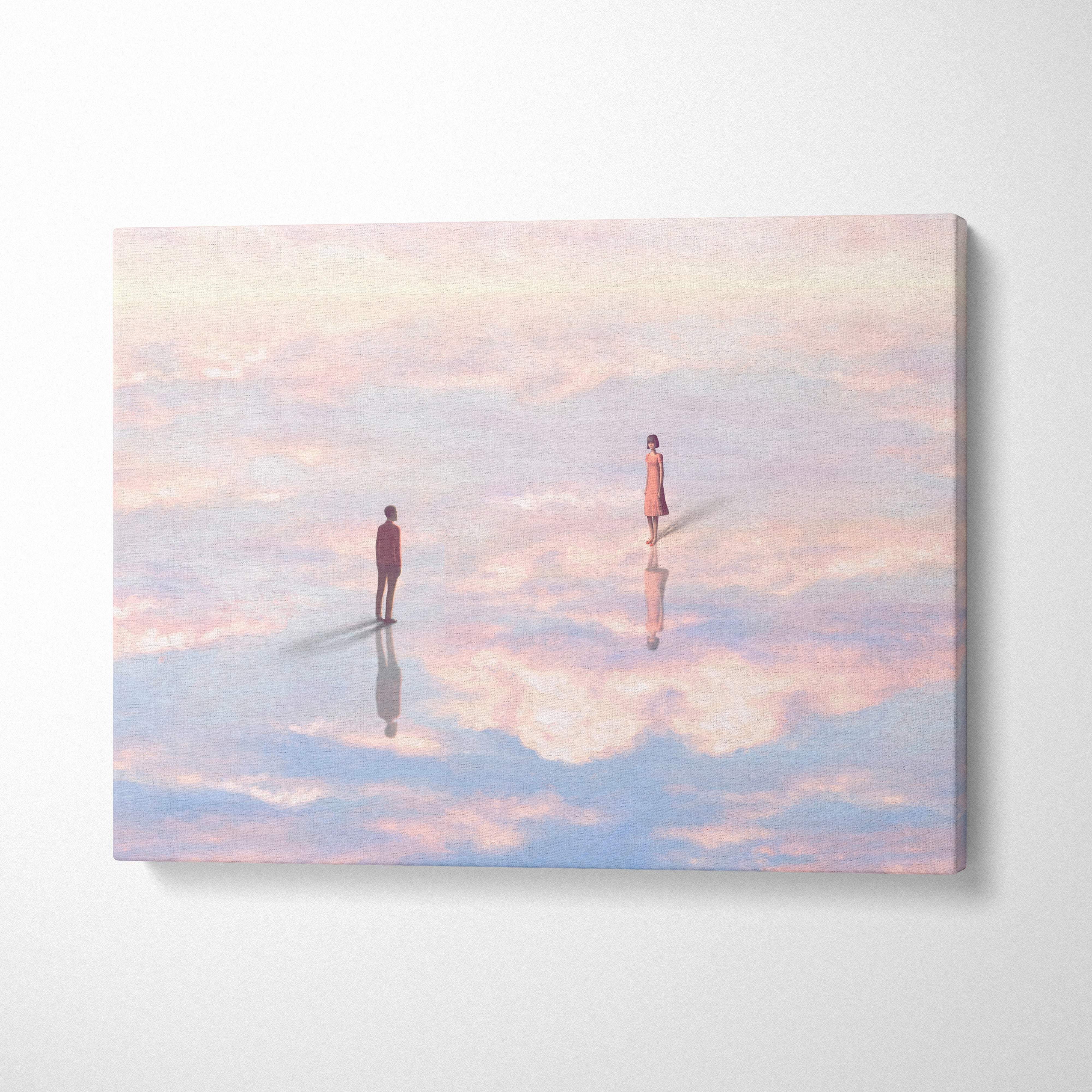 Contemporary cloud reflection canvas wall art with pastel pink and blue cloudscape and two minimalist figures on reflective surface