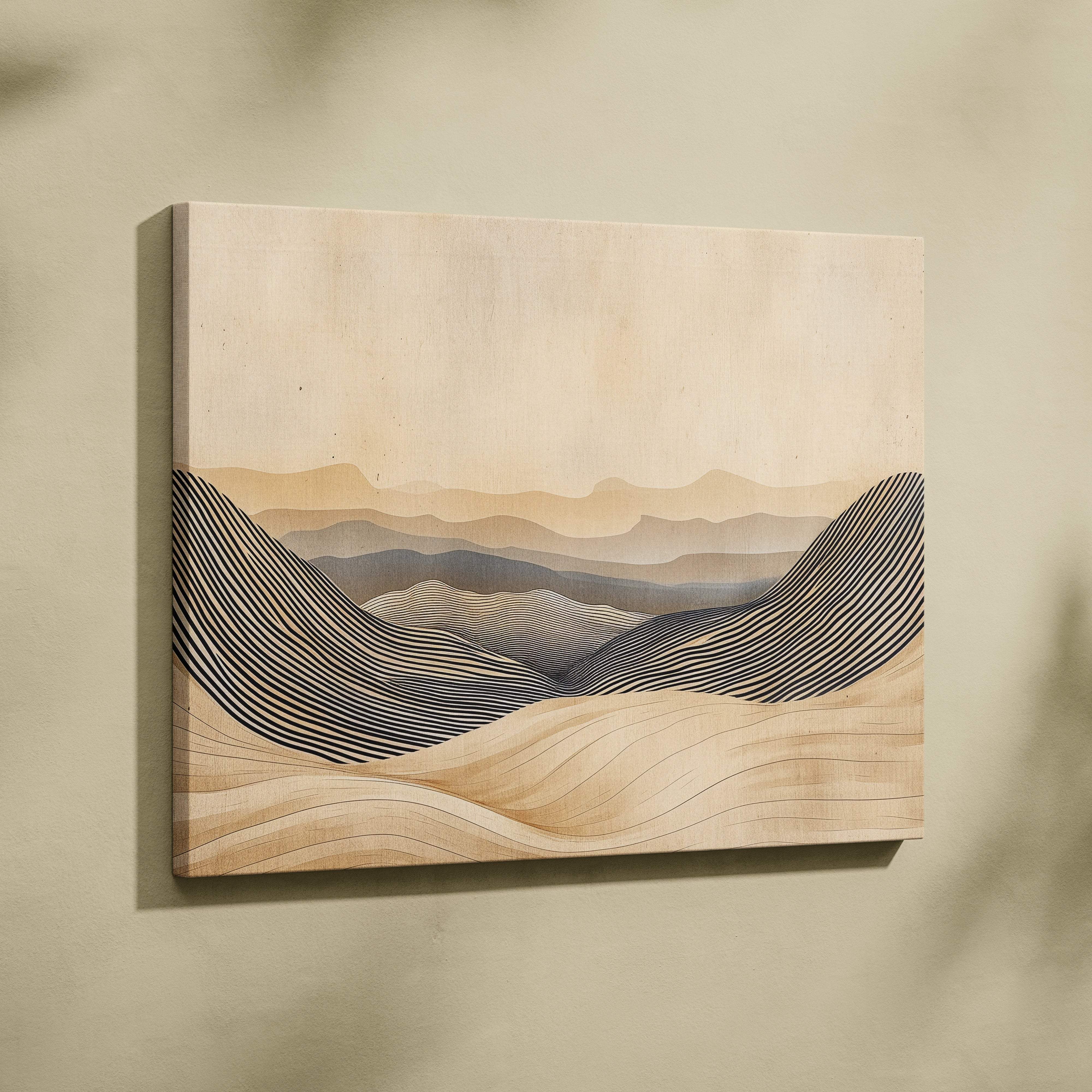 Boho neutral landscape canvas wall art with beige sand and black abstract desert line art in modern minimalist earth tones