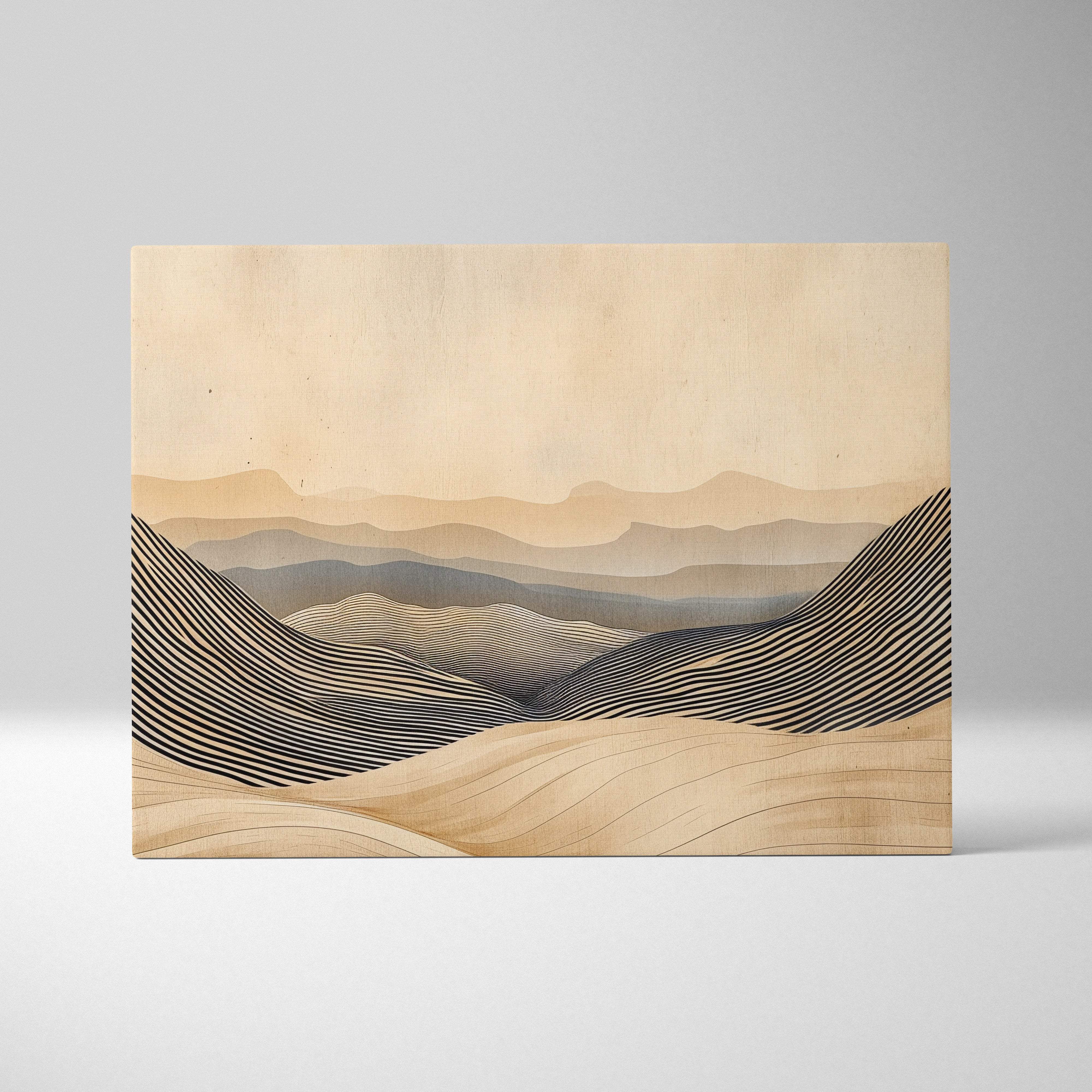 Boho neutral landscape canvas wall art with layered abstract mountain ranges in beige sand and black on natural wood
