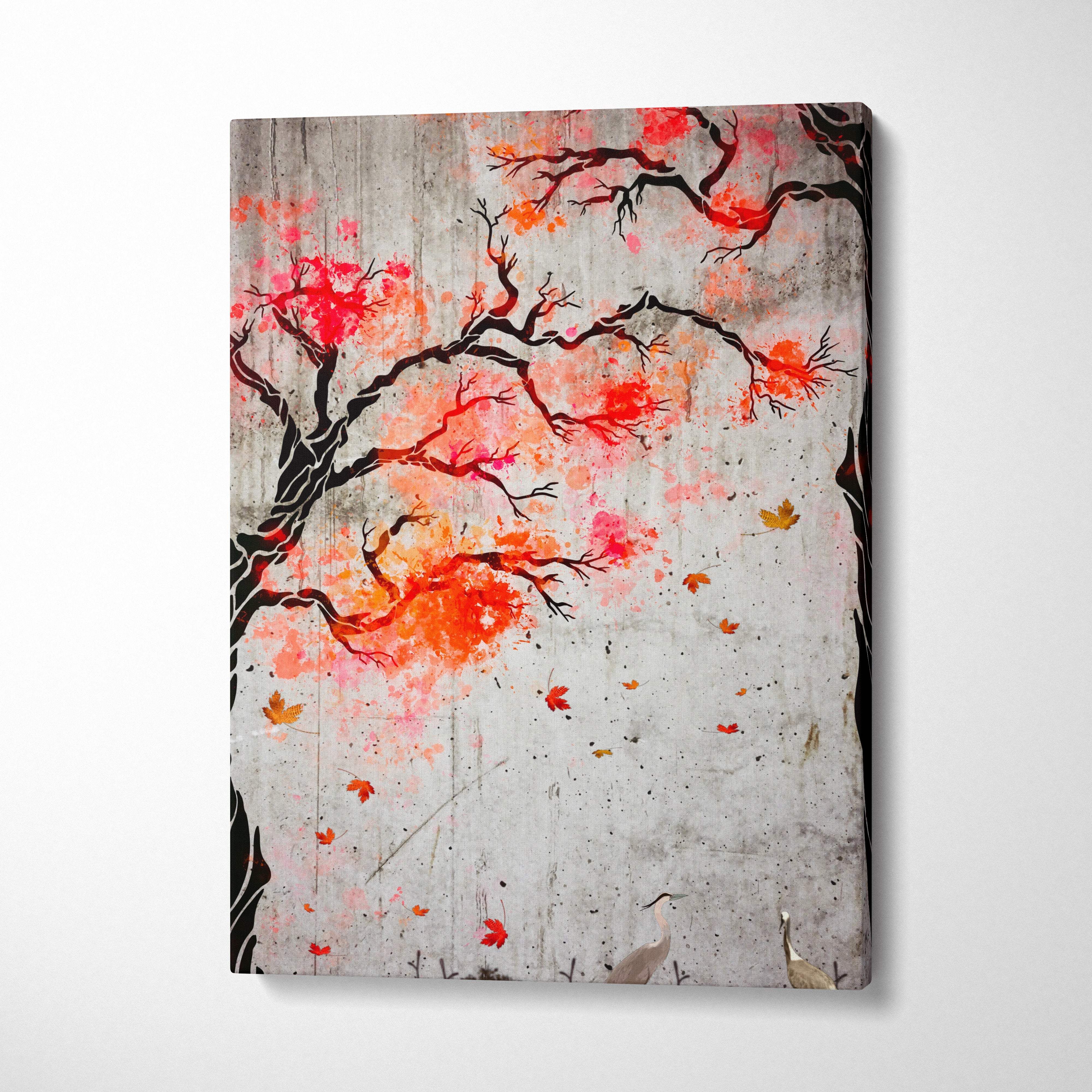 Red orange maple tree crane canvas wall art with bold black branches and fiery blossoms on a textured gray background