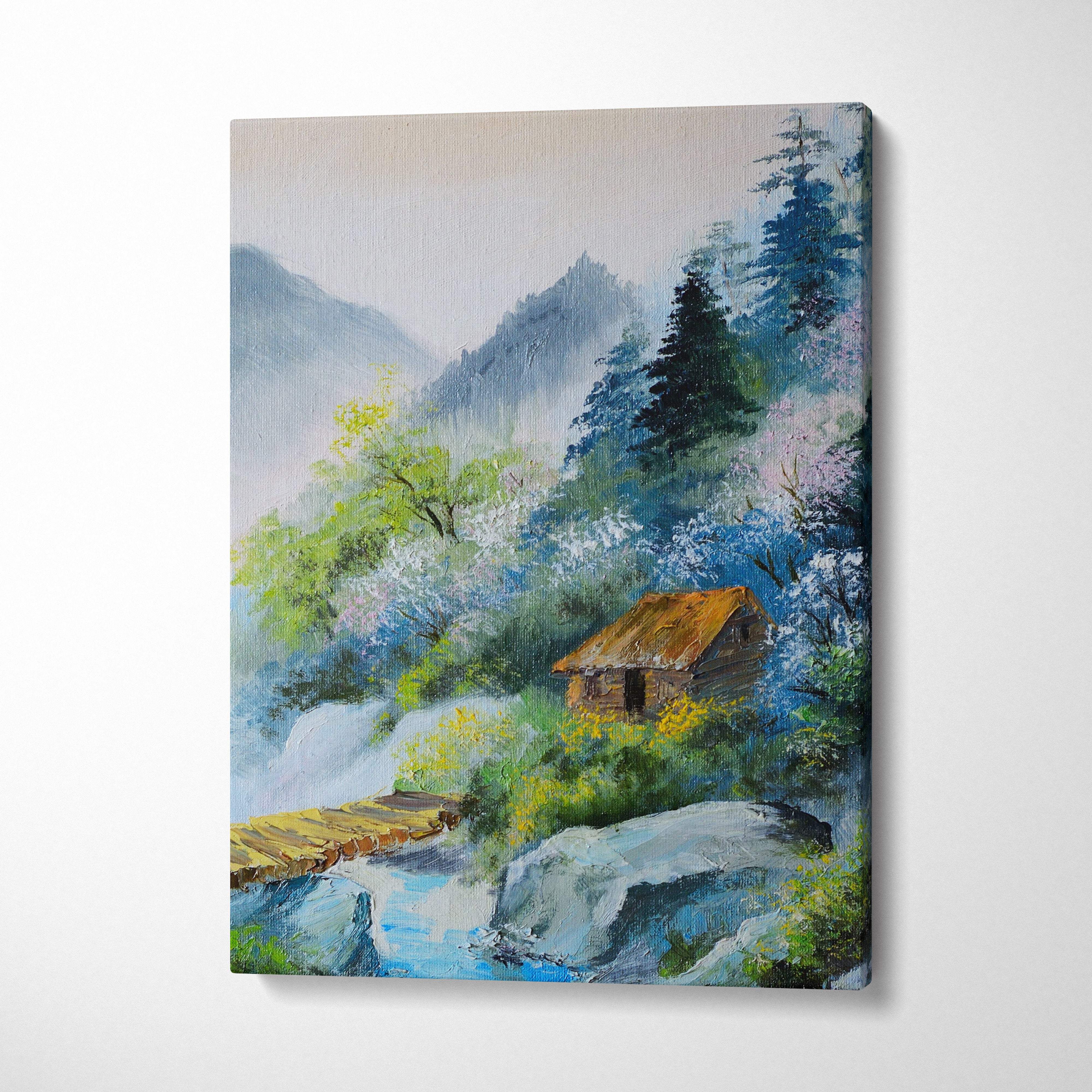 Rectangular oil painting on canvas of a rustic wooden cabin with misty mountains, spring blossoms, and a blue river