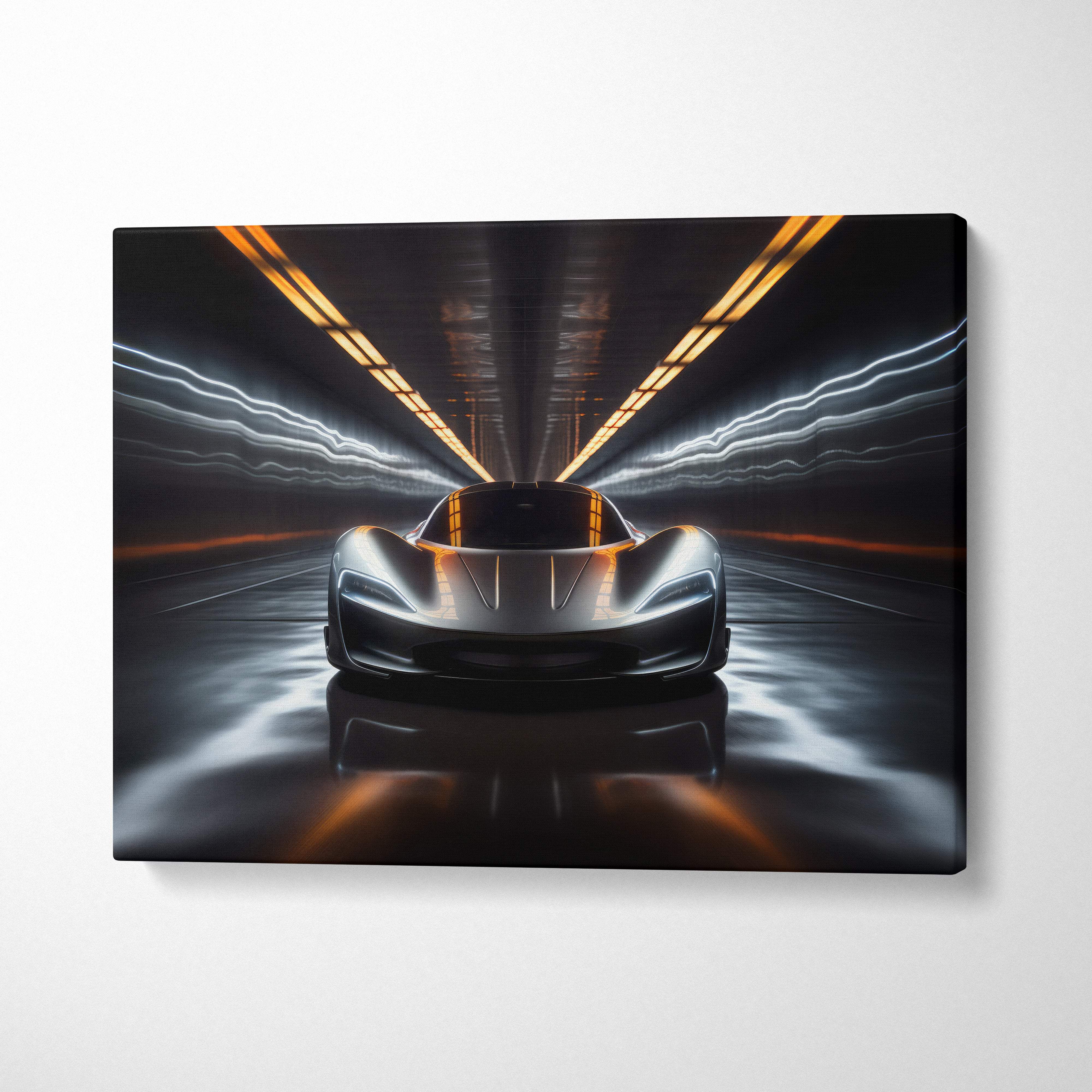 Futuristic hypercar tunnel canvas art showing a sleek silver sports car with glowing orange accents in motion